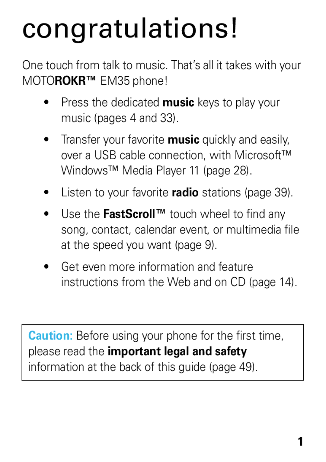 Motorola EM35 manual Congratulations, Information at the back of this guide 