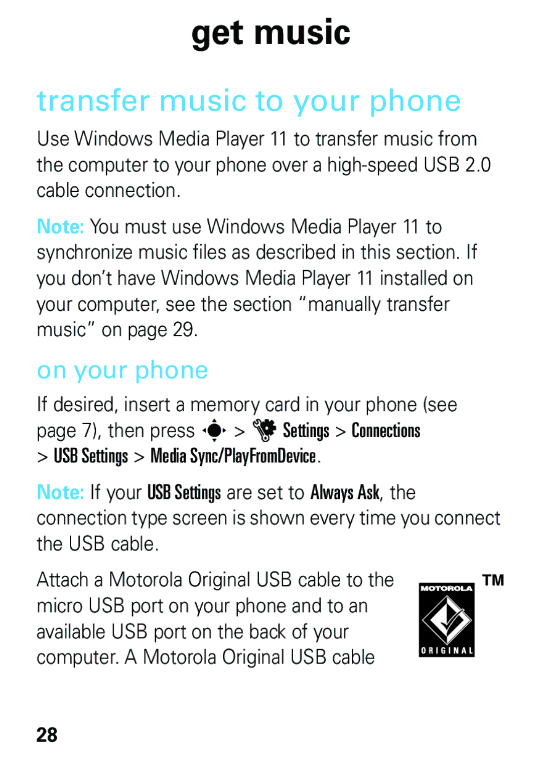 Motorola EM35 manual Transfer music to your phone, USB Settings Media Sync/PlayFromDevice 