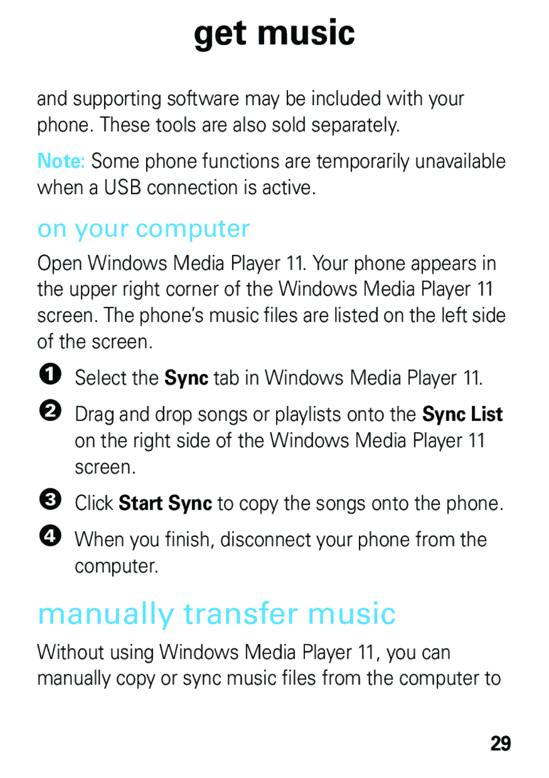 Motorola EM35 manual Manually transfer music, When you finish, disconnect your phone from the computer 