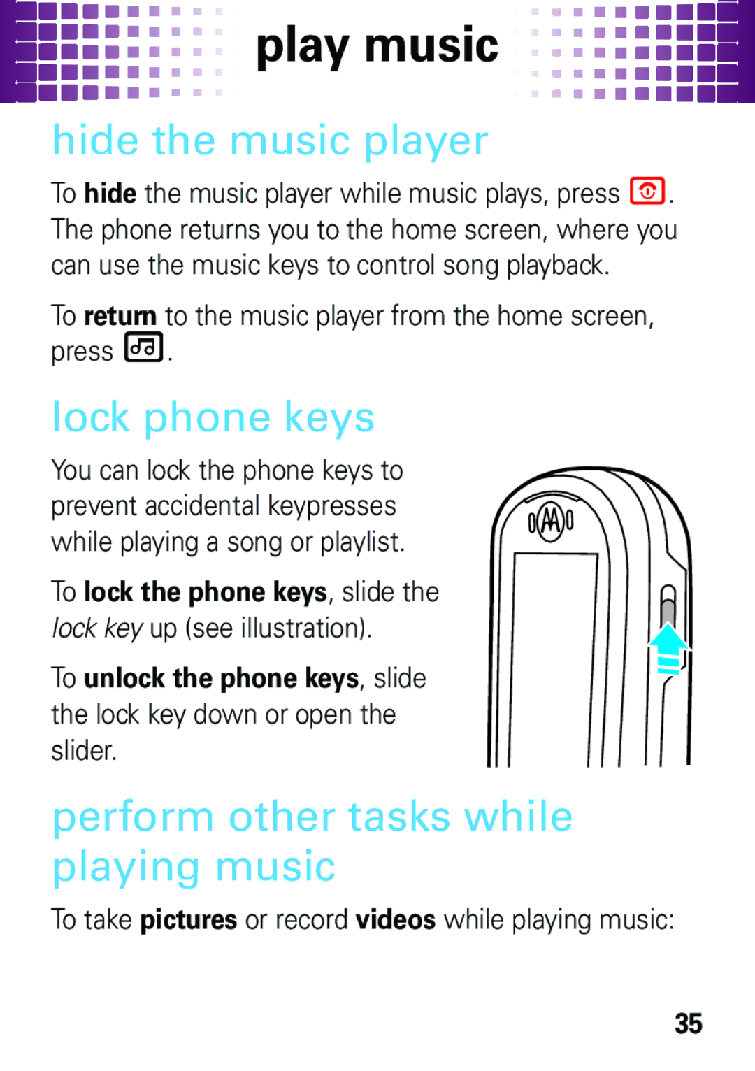 Motorola EM35 manual Hide the music player, Lock phone keys, Perform other tasks while playing music 