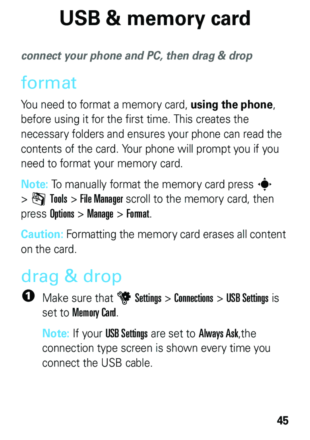 Motorola EM35 manual USB & memory card, Format, Drag & drop, Connect your phone and PC, then drag & drop 