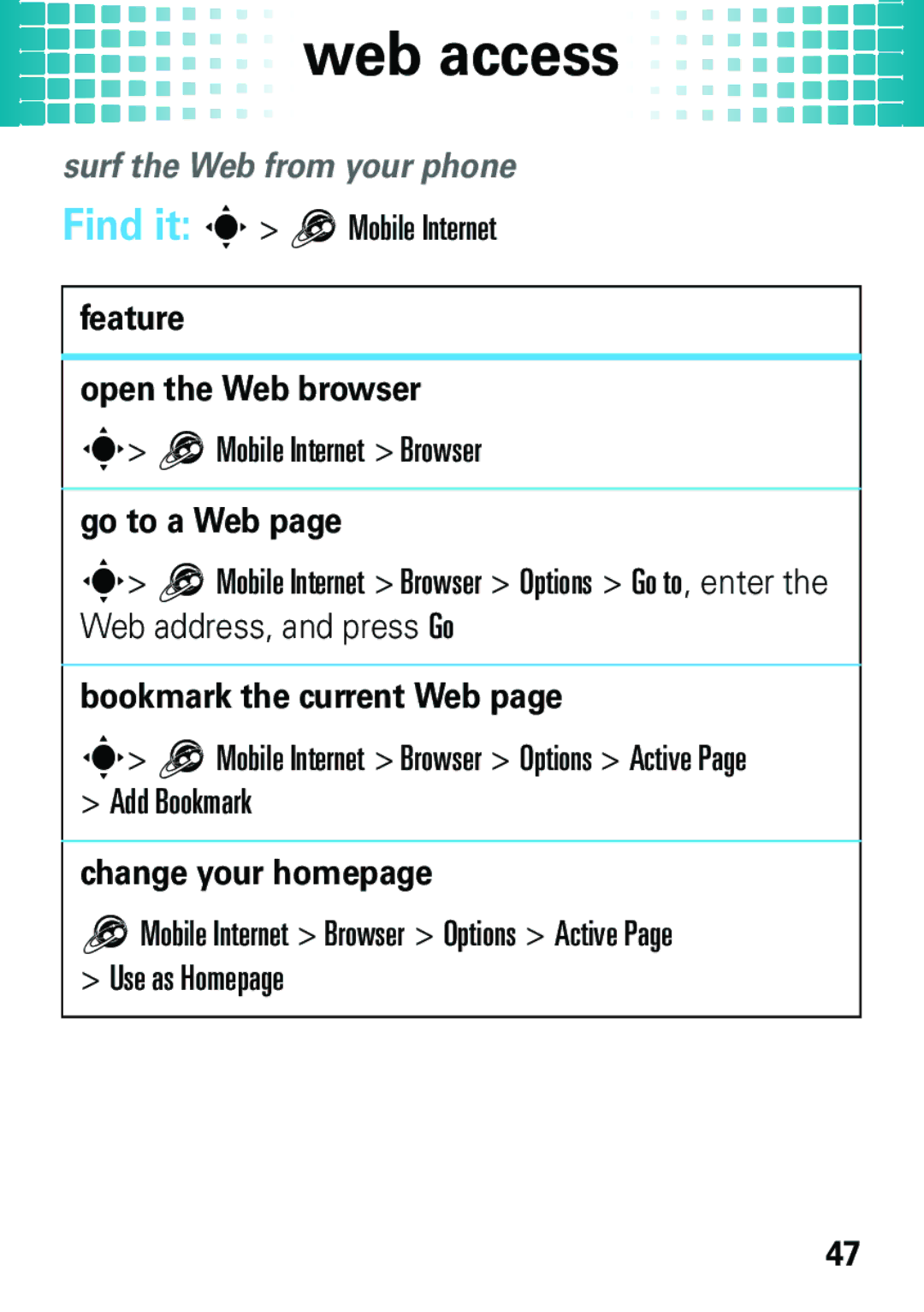 Motorola EM35 Web access, Surf the Web from your phone, Find it s 1 Mobile Internet, Mobile Internet Browser, Add Bookmark 