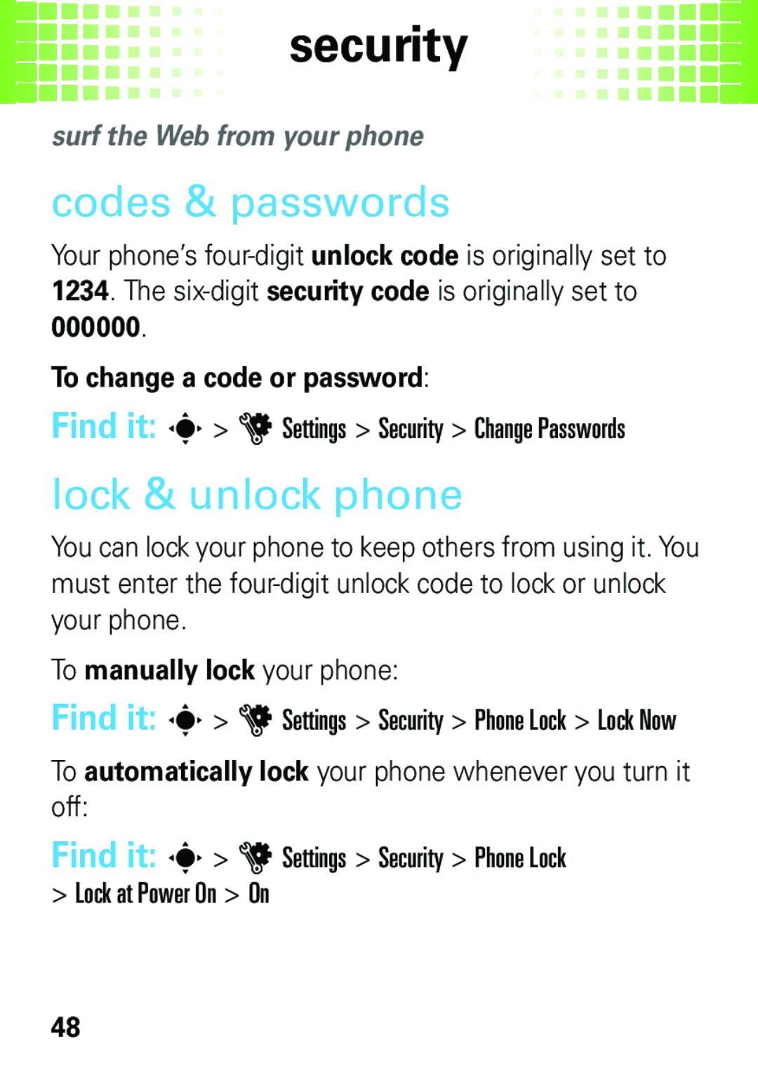 Motorola EM35 manual Security, Codes & passwords, Lock & unlock phone 