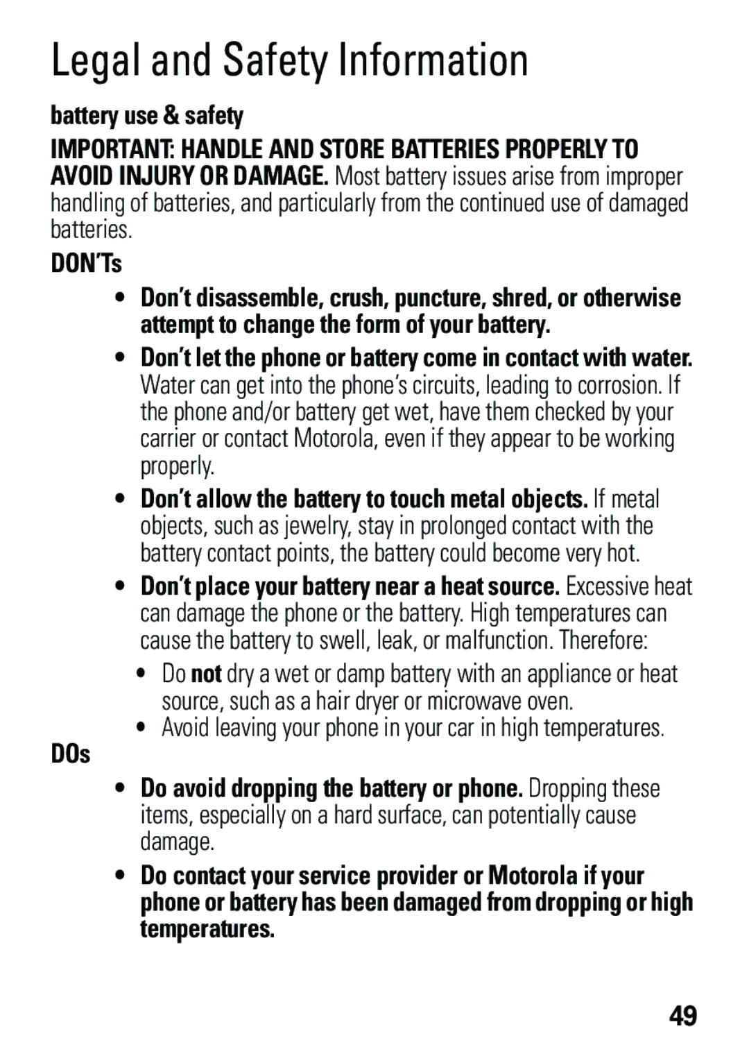 Motorola EM35 manual Battery use & safety, DON’Ts, DOs 