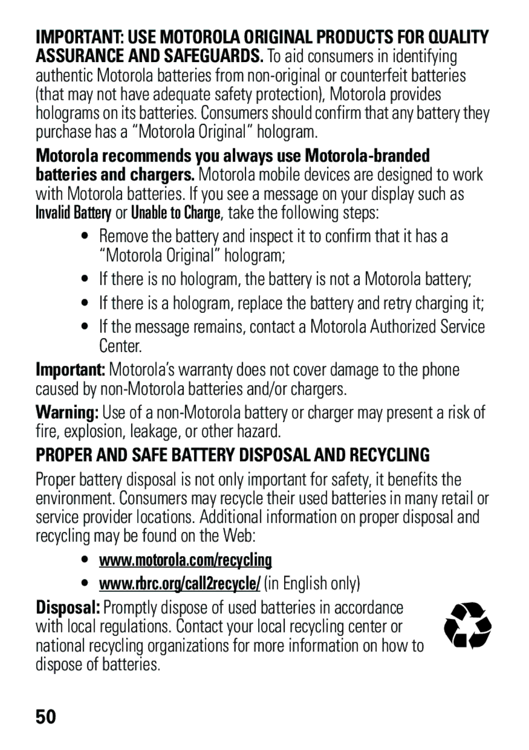 Motorola EM35 manual Proper and Safe Battery Disposal and Recycling 