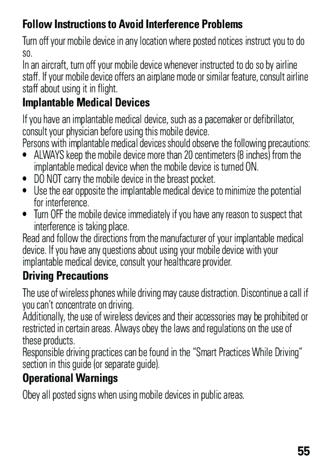 Motorola EM35 manual Follow Instructions to Avoid Interference Problems, Implantable Medical Devices, Driving Precautions 