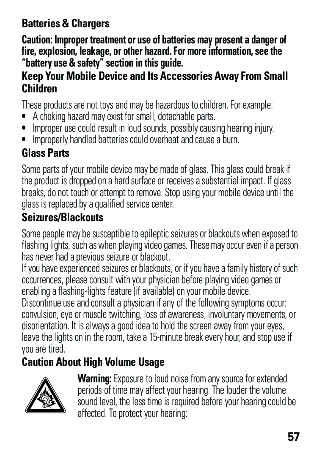 Motorola EM35 manual Glass Parts, Seizures/Blackouts 