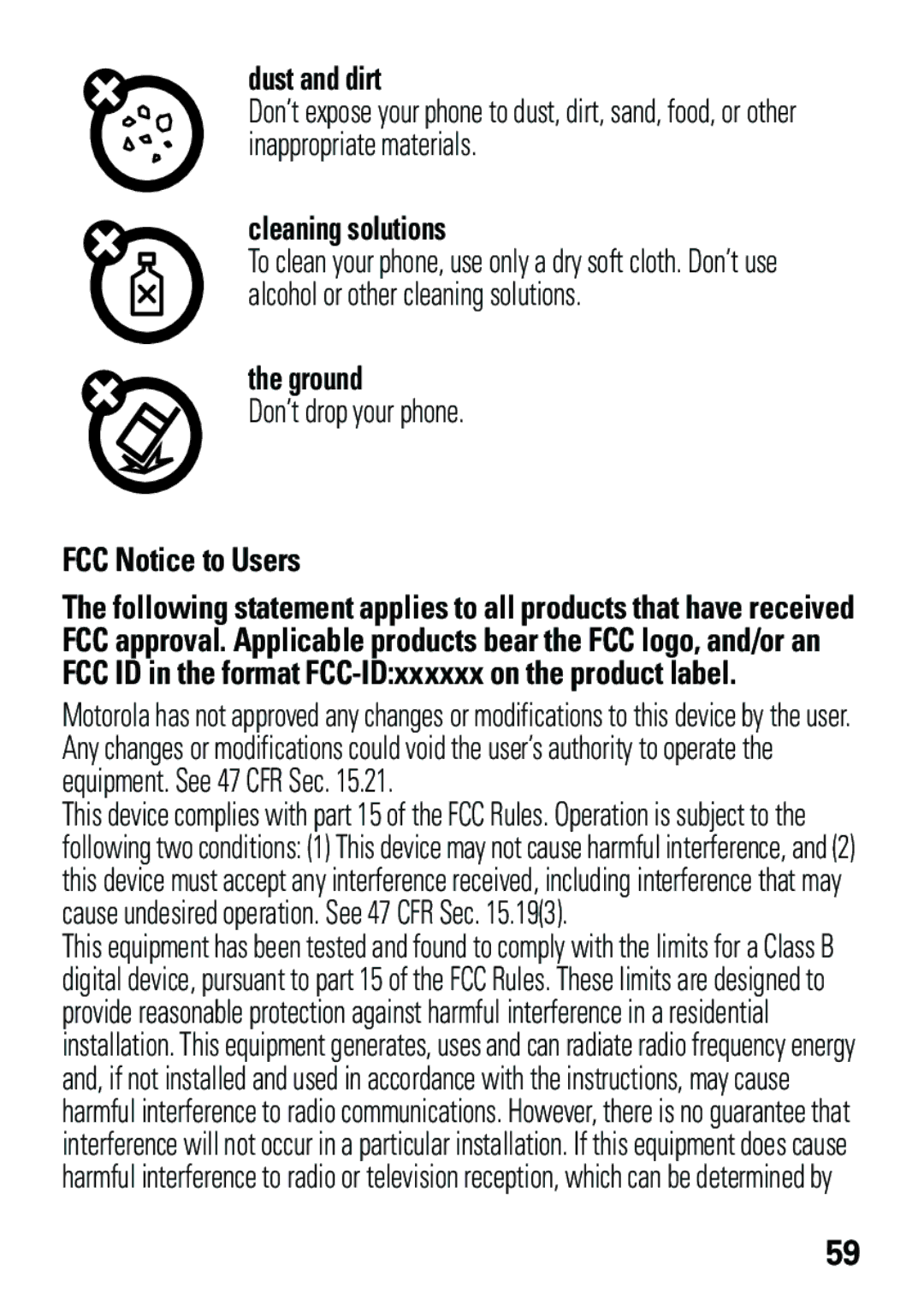 Motorola EM35 manual Dust and dirt, Cleaning solutions, Ground, FCC Notice to Users 