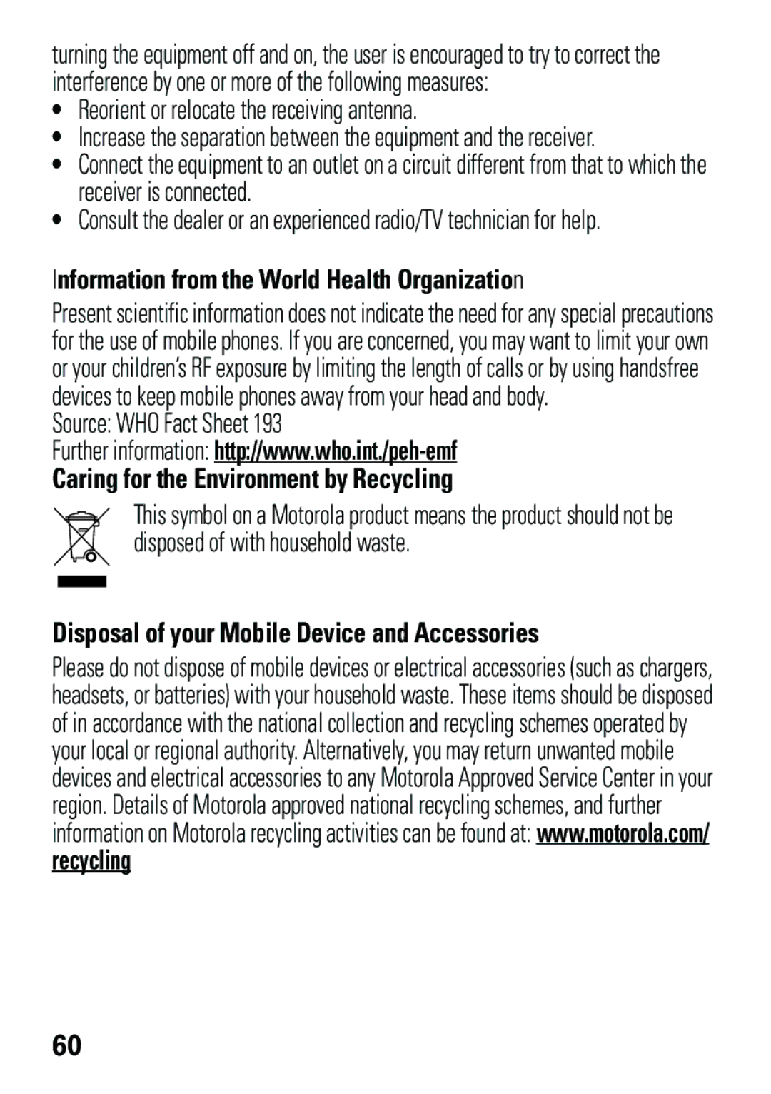 Motorola EM35 manual Information from the World Health Organization, Caring for the Environment by Recycling 