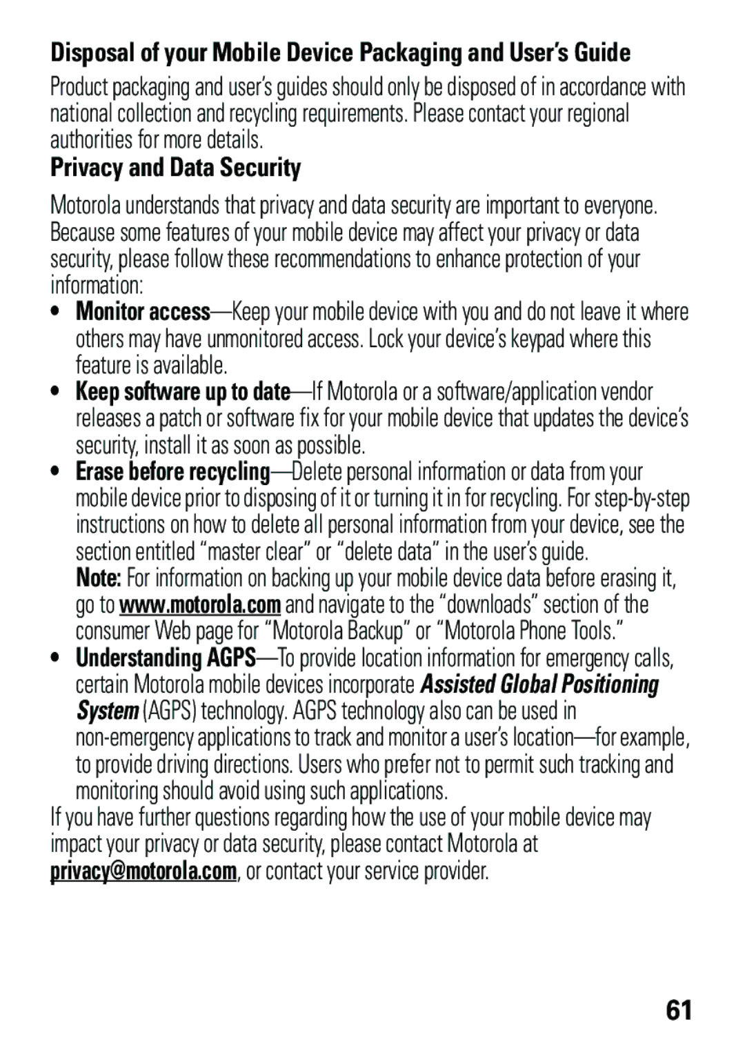 Motorola EM35 manual Privacy and Data Security, Disposal of your Mobile Device Packaging and User’s Guide 