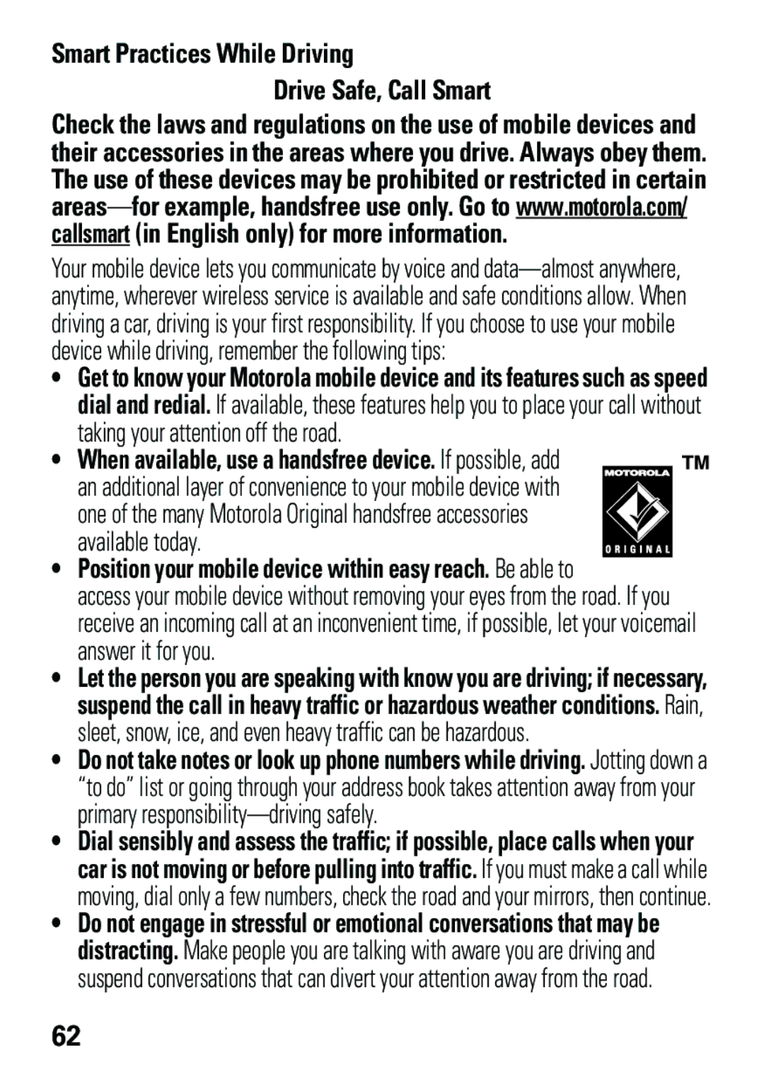 Motorola EM35 manual Smart Practices While Driving Drive Safe, Call Smart 