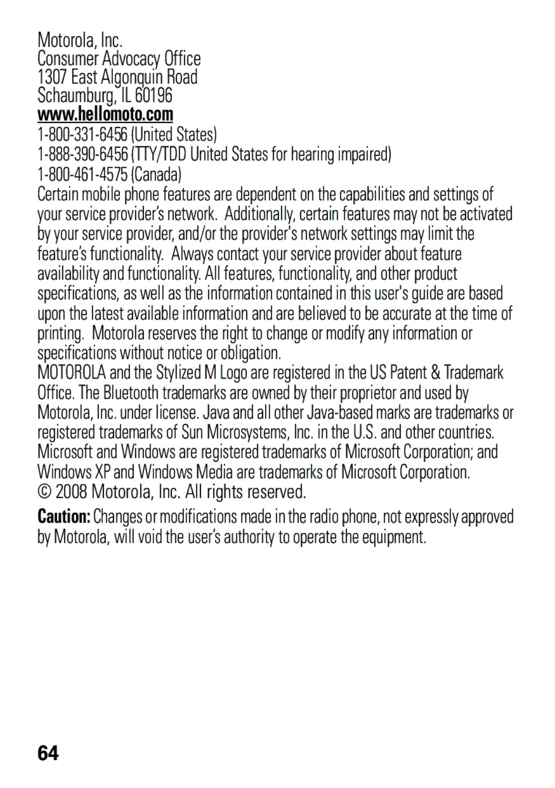 Motorola EM35 manual Motorola, Inc, United States Canada 