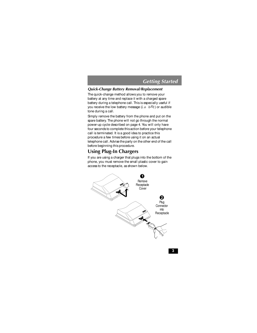 Motorola ENHANCED CELLULAR TELEPHONE owner manual Using Plug-In Chargers, Quick-Change Battery Removal/Replacement 