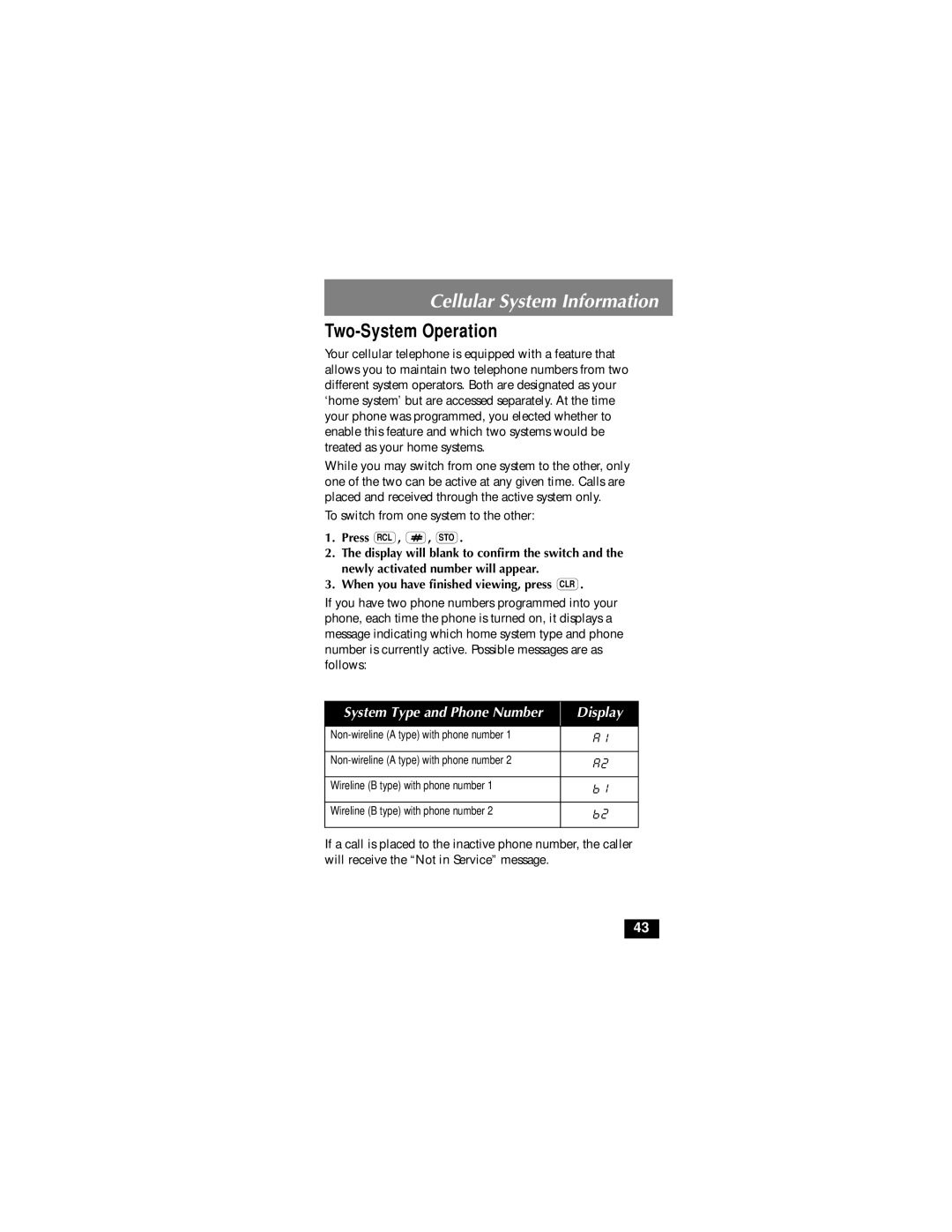 Motorola ENHANCED CELLULAR TELEPHONE owner manual Two-System Operation, System Type and Phone Number Display 