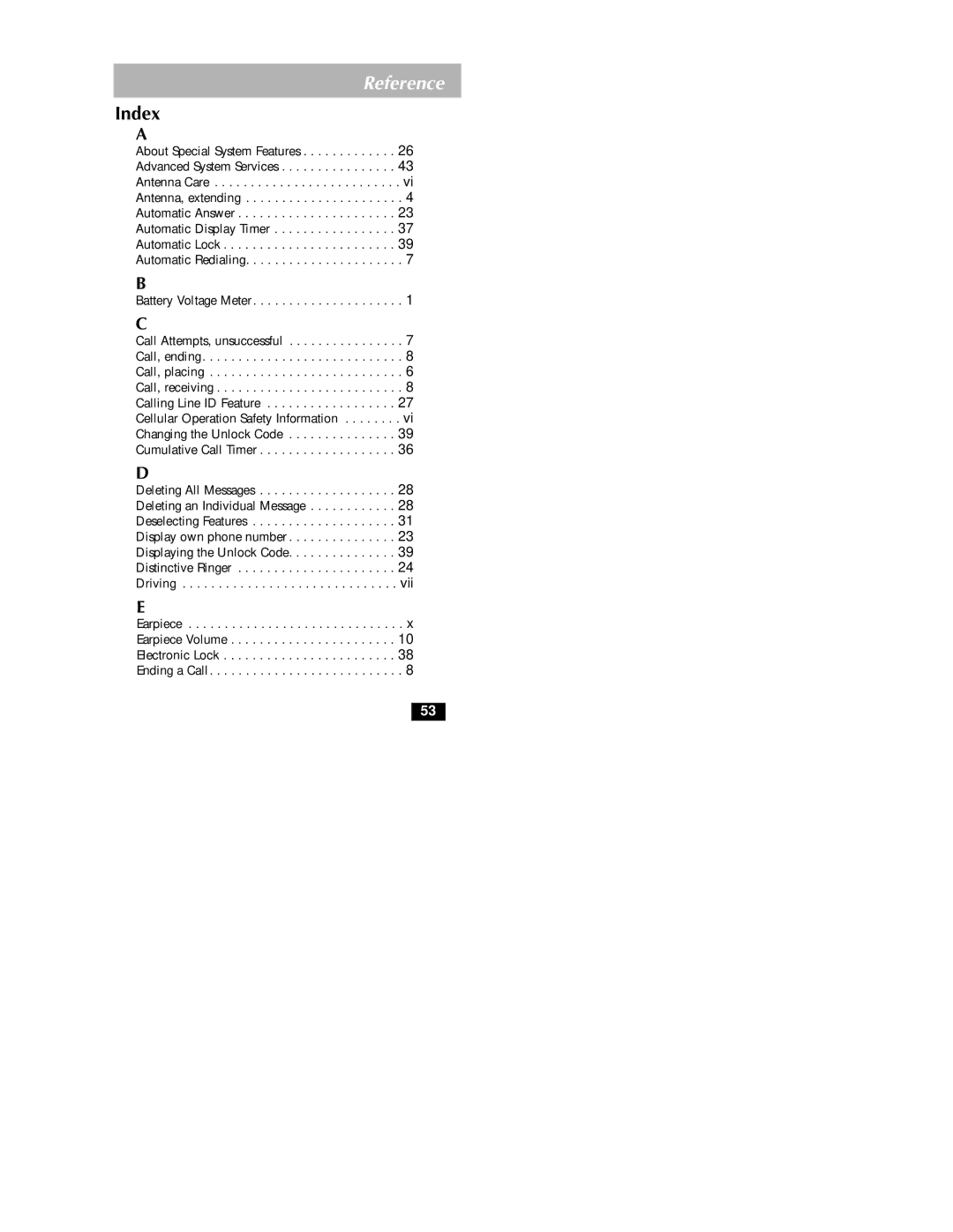 Motorola ENHANCED CELLULAR TELEPHONE owner manual Index 