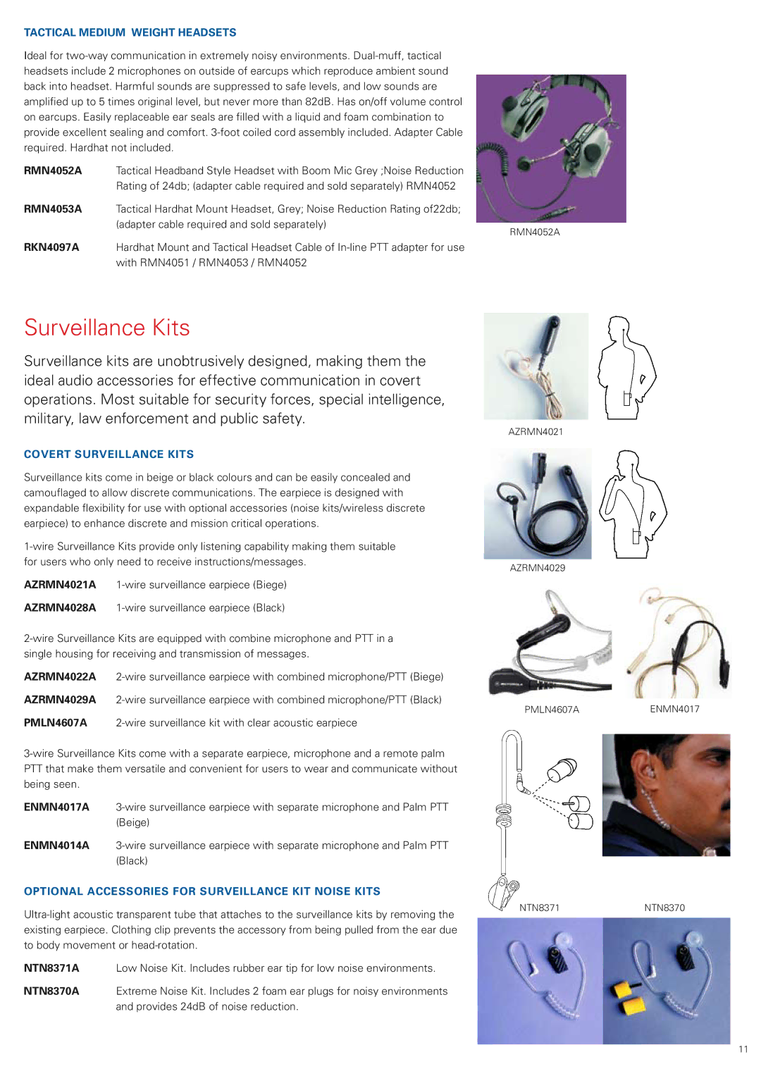 Motorola ENLN4104, ENLN4111, ENLN4103 manual Tactical Medium Weight Headsets, Covert Surveillance Kits 