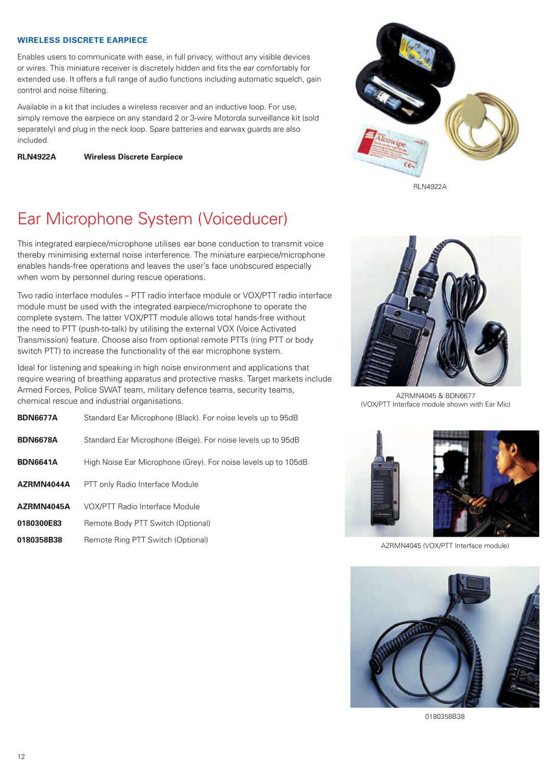 Motorola ENLN4111, ENLN4104, ENLN4103 manual Ear Microphone System Voiceducer, Wireless Discrete Earpiece, RLN4922A 