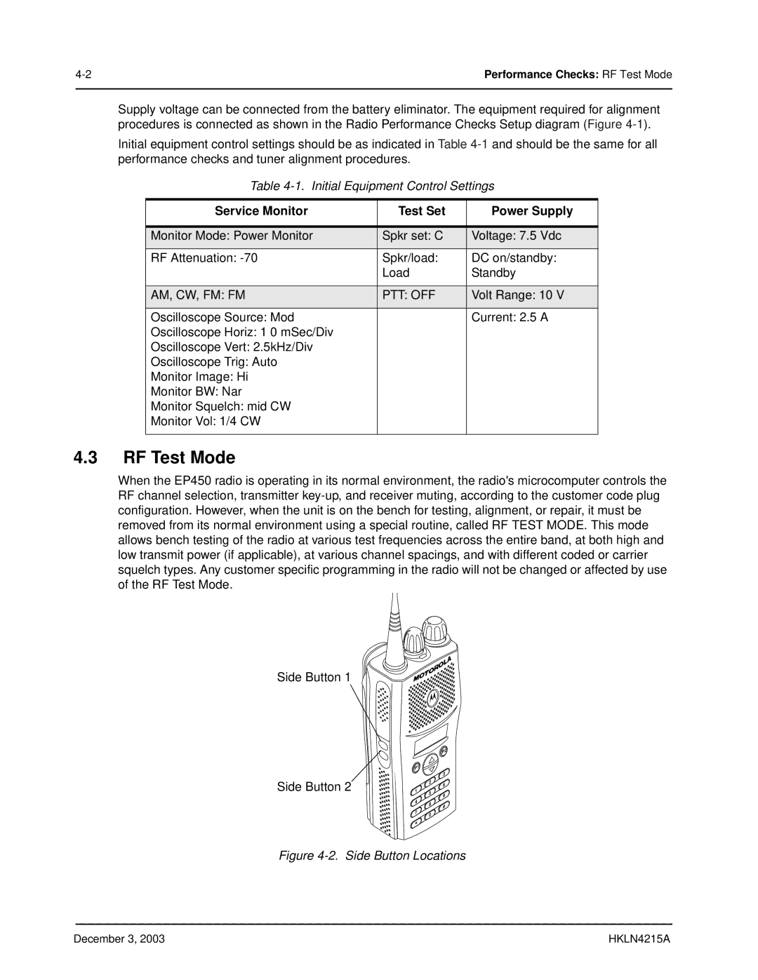 Motorola EP450 service manual RF Test Mode, Service Monitor Test Set Power Supply 