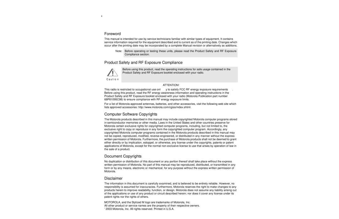 Motorola EP450 Foreword, Product Safety and RF Exposure Compliance, Computer Software Copyrights, Document Copyrights 