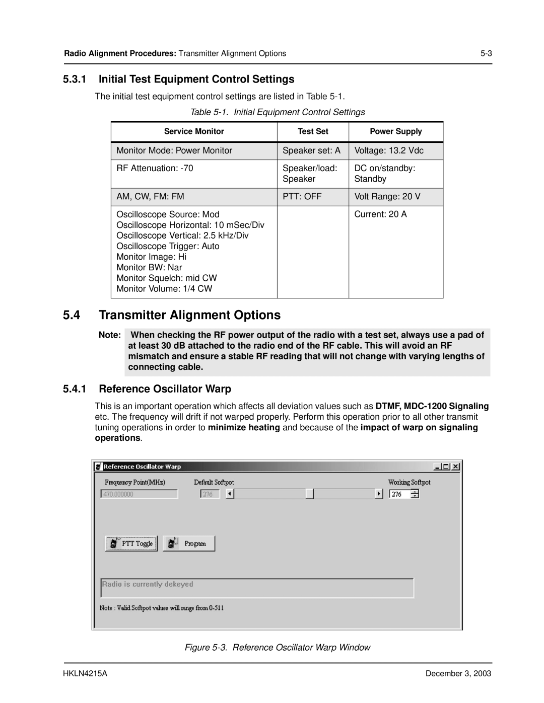 Motorola EP450 Transmitter Alignment Options, Initial Test Equipment Control Settings, Reference Oscillator Warp 