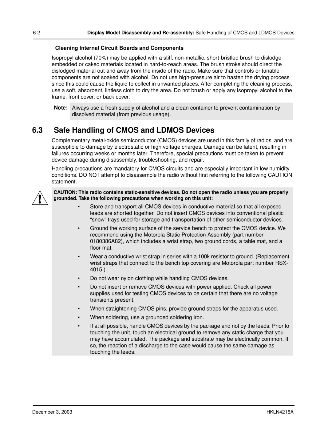 Motorola EP450 service manual Safe Handling of Cmos and Ldmos Devices, Cleaning Internal Circuit Boards and Components 