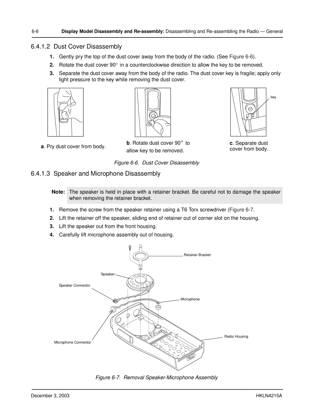 Motorola EP450 service manual Dust Cover Disassembly, Speaker and Microphone Disassembly 