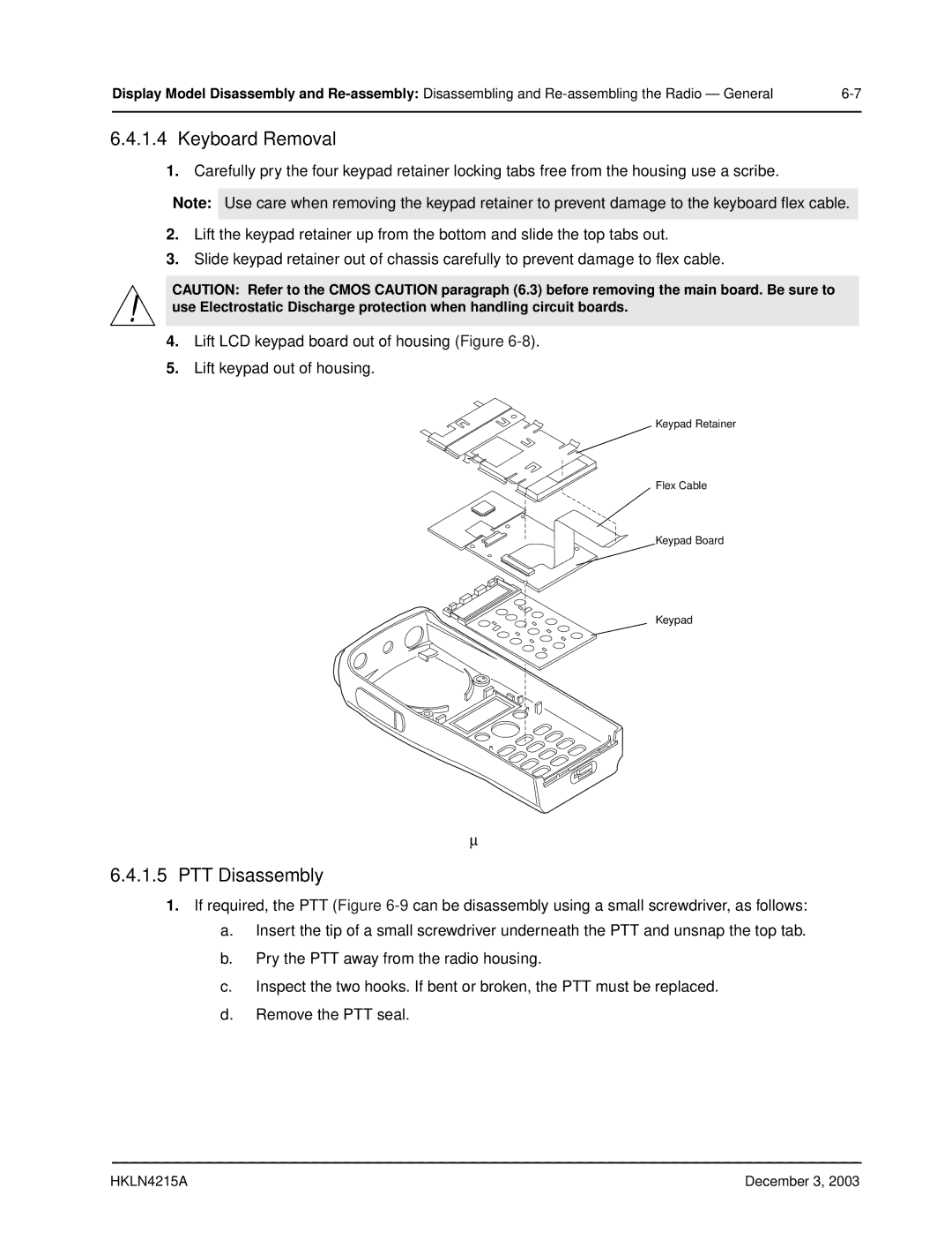 Motorola EP450 service manual Keyboard Removal, PTT Disassembly 