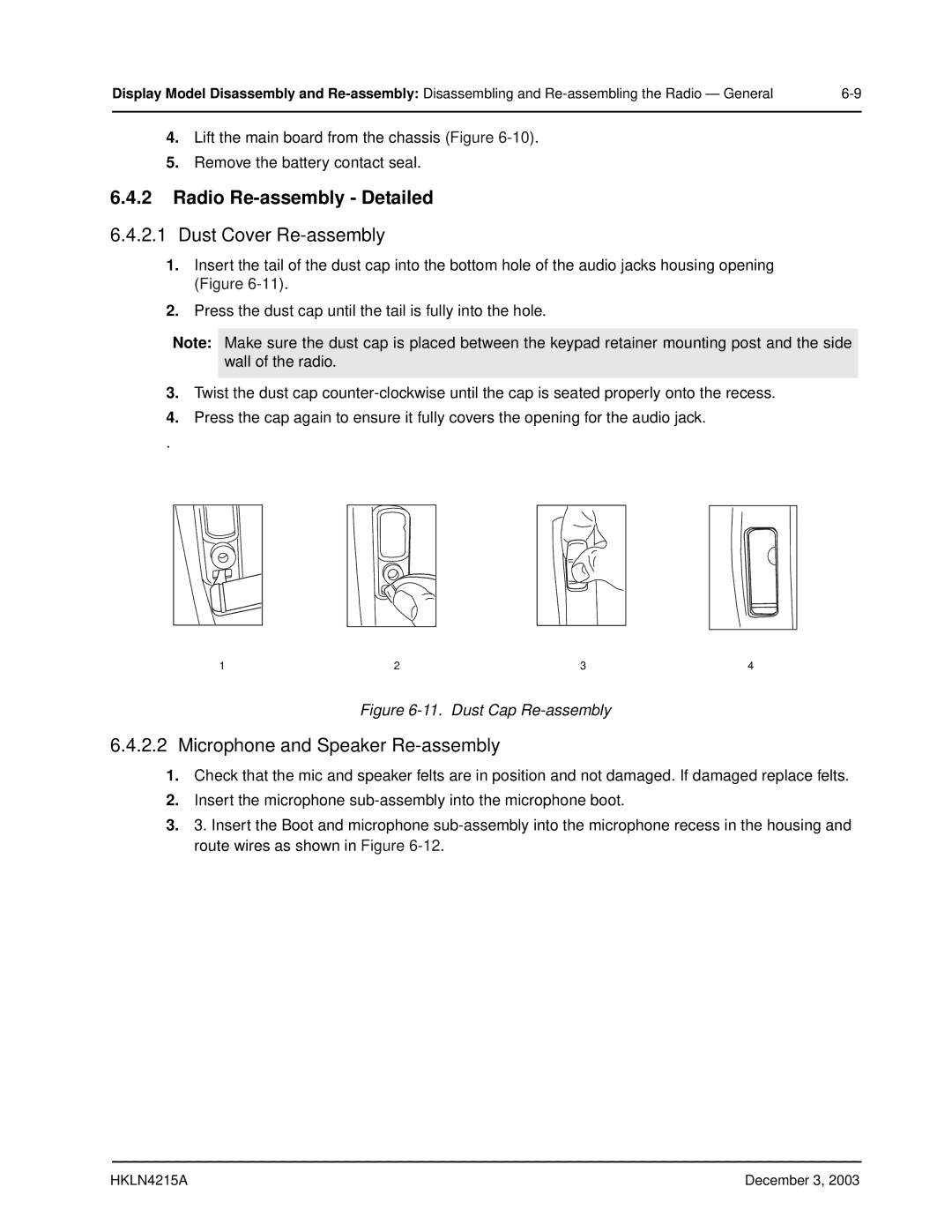 Motorola EP450 service manual Radio Re-assembly Detailed, Dust Cover Re-assembly, Microphone and Speaker Re-assembly 