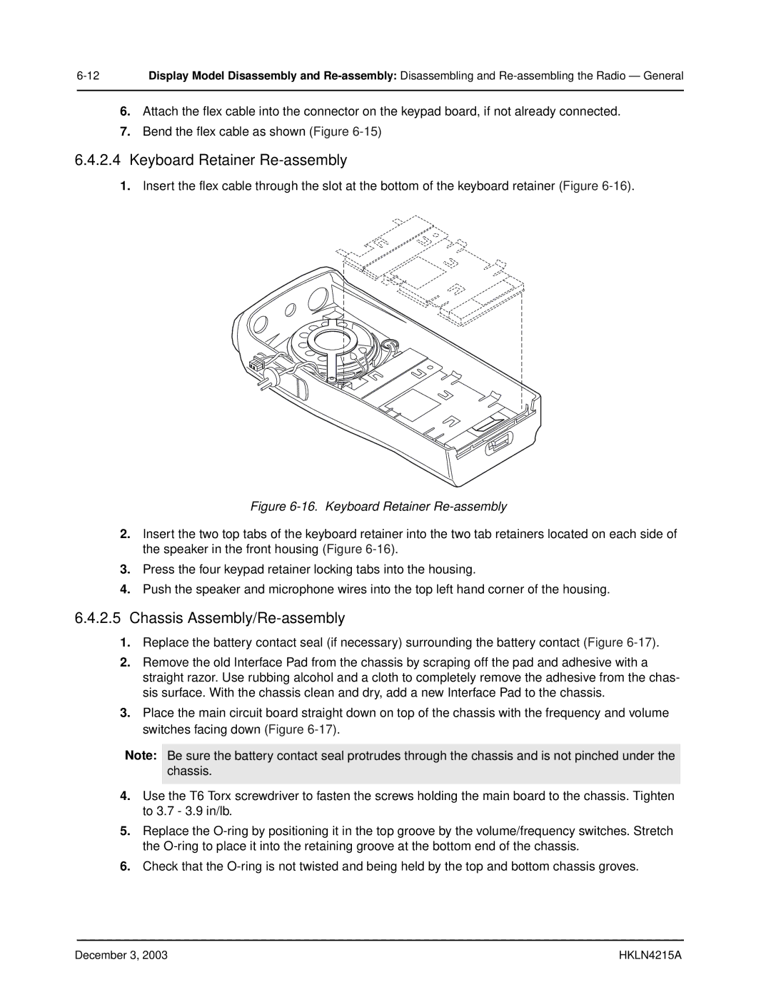 Motorola EP450 service manual Keyboard Retainer Re-assembly, Chassis Assembly/Re-assembly 