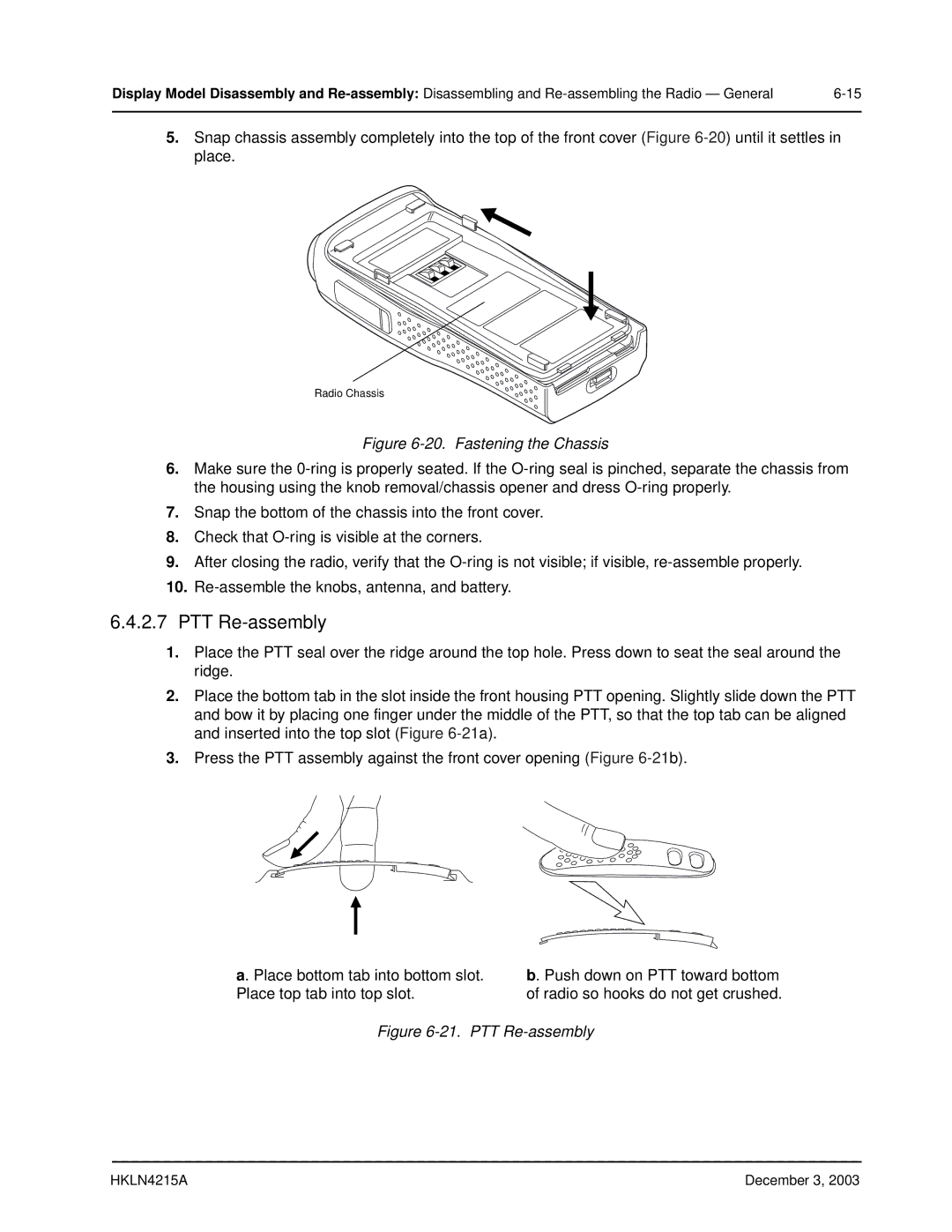 Motorola EP450 service manual PTT Re-assembly, Fastening the Chassis 