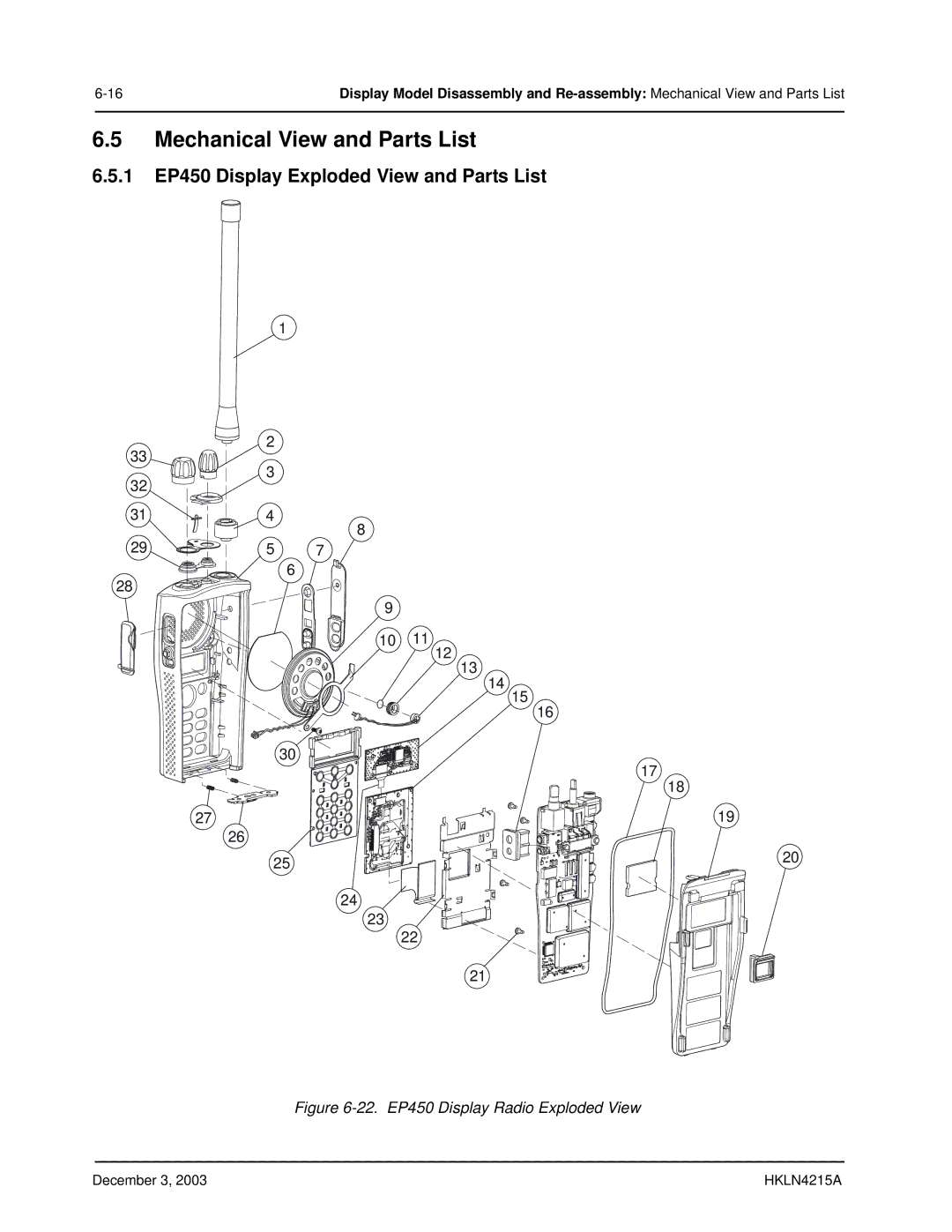 Motorola service manual Mechanical View and Parts List, 1 EP450 Display Exploded View and Parts List 