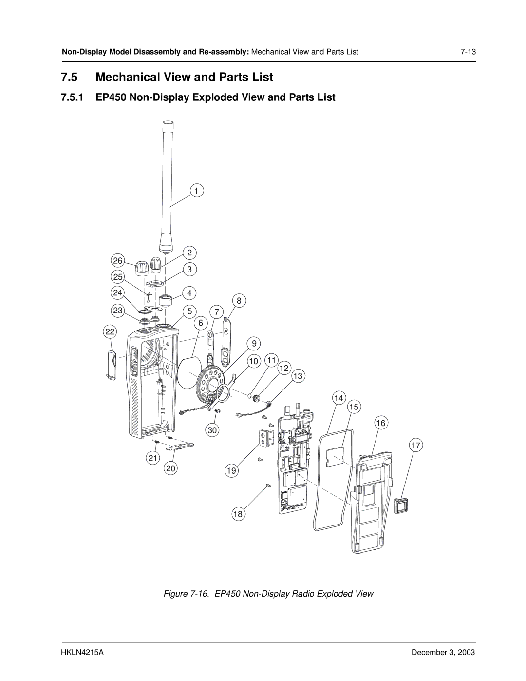 Motorola service manual 1 EP450 Non-Display Exploded View and Parts List, 16. EP450 Non-Display Radio Exploded View 