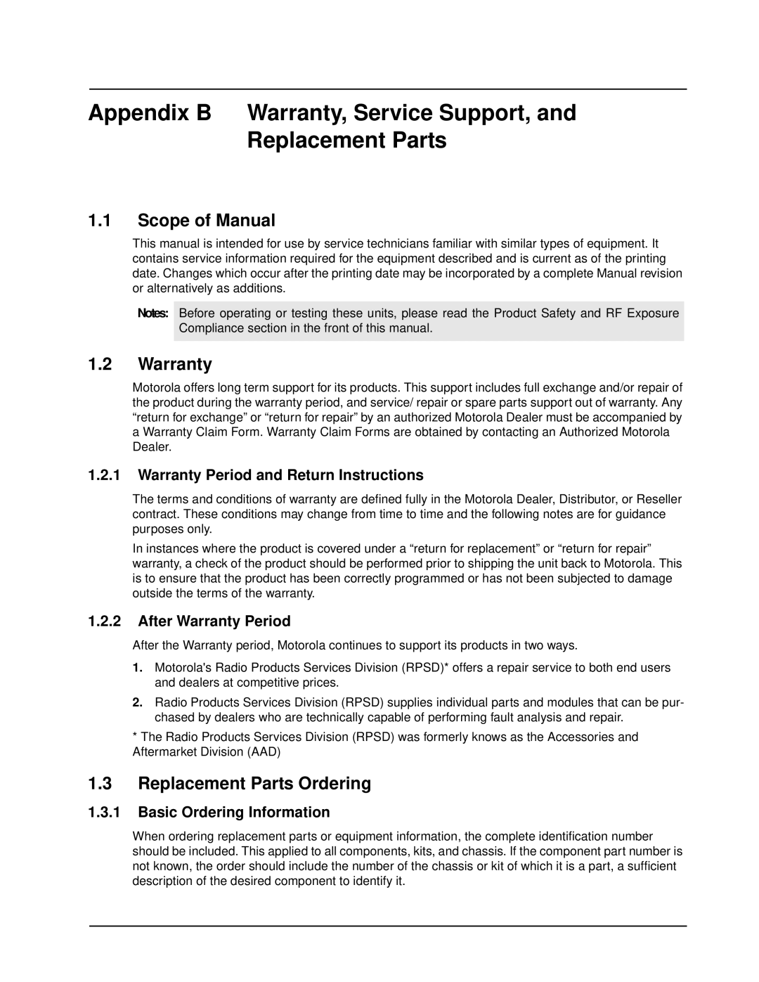 Motorola EP450 Appendix B Warranty, Service Support, and Replacement Parts, Scope of Manual, Replacement Parts Ordering 