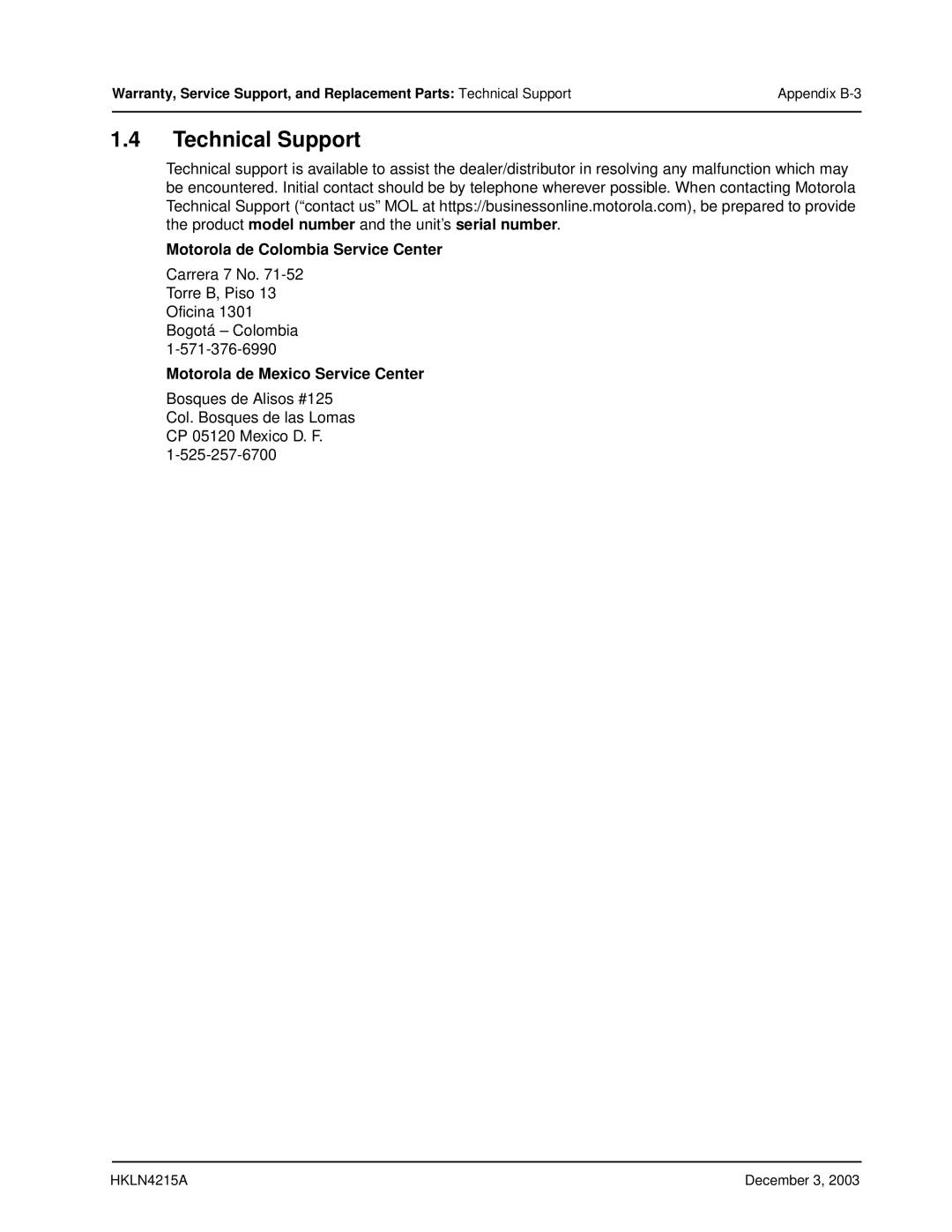 Motorola EP450 service manual Technical Support, Motorola de Colombia Service Center, Motorola de Mexico Service Center 