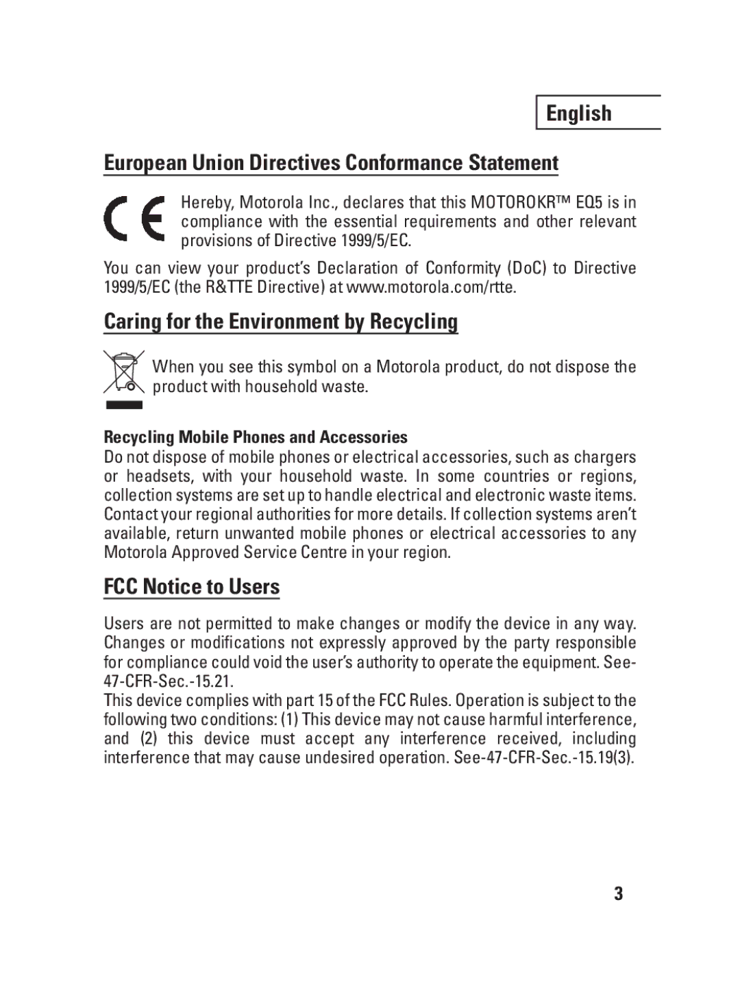 Motorola EQ5, 6803578F36 English European Union Directives Conformance Statement, Recycling Mobile Phones and Accessories 