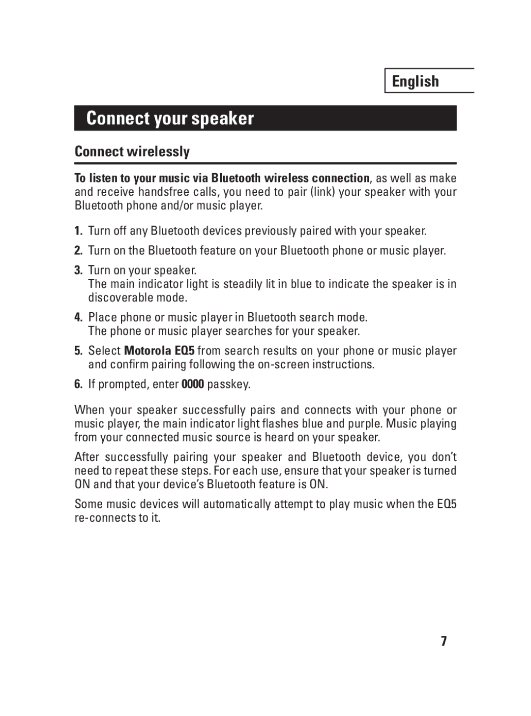 Motorola EQ5, 6803578F36 quick start Connect your speaker, Connect wirelessly 