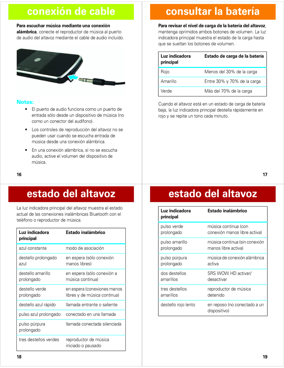 Motorola EQ5 Conexión de cable Consultar la batería, Estado del altavoz, Para escuchar música mediante una conexión 