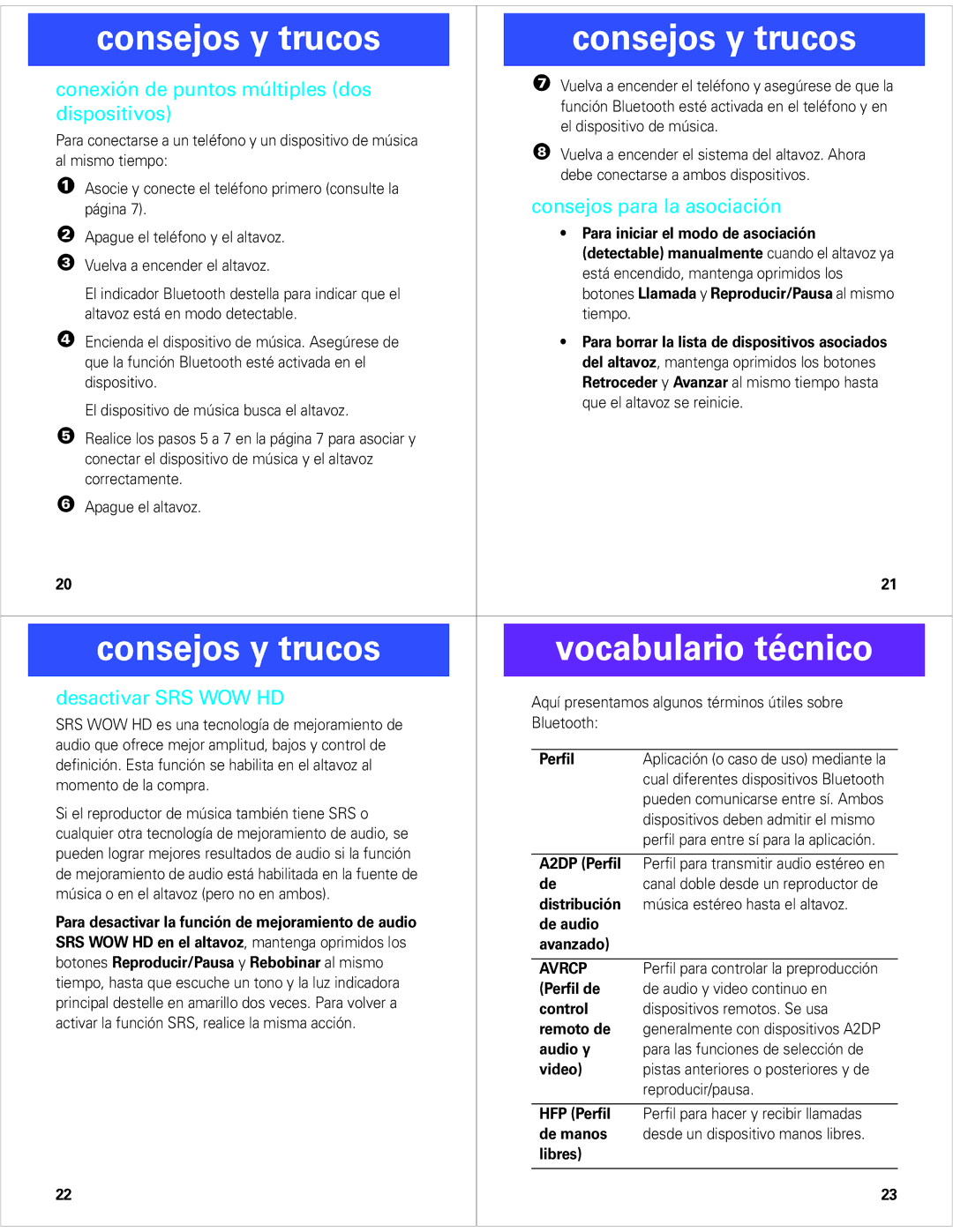 Motorola EQ5 quick start Consejos y trucos Vocabulario técnico 