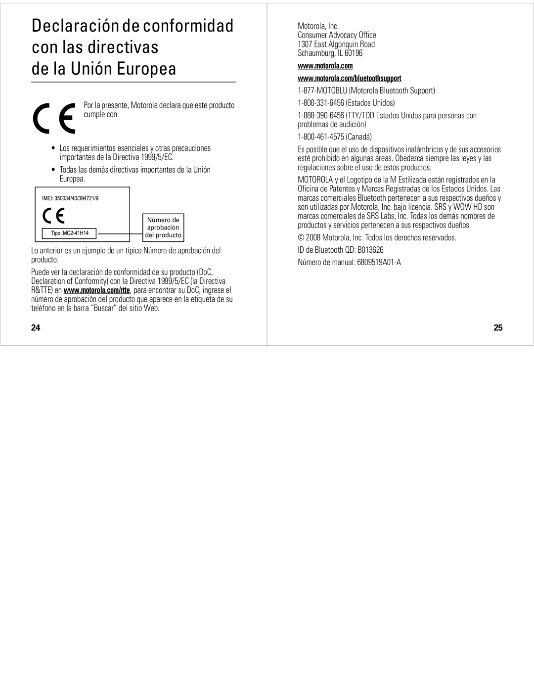 Motorola EQ5 quick start Todas las demás directivas importantes de la Unión Europea, Número de manual 6809519A01-A 