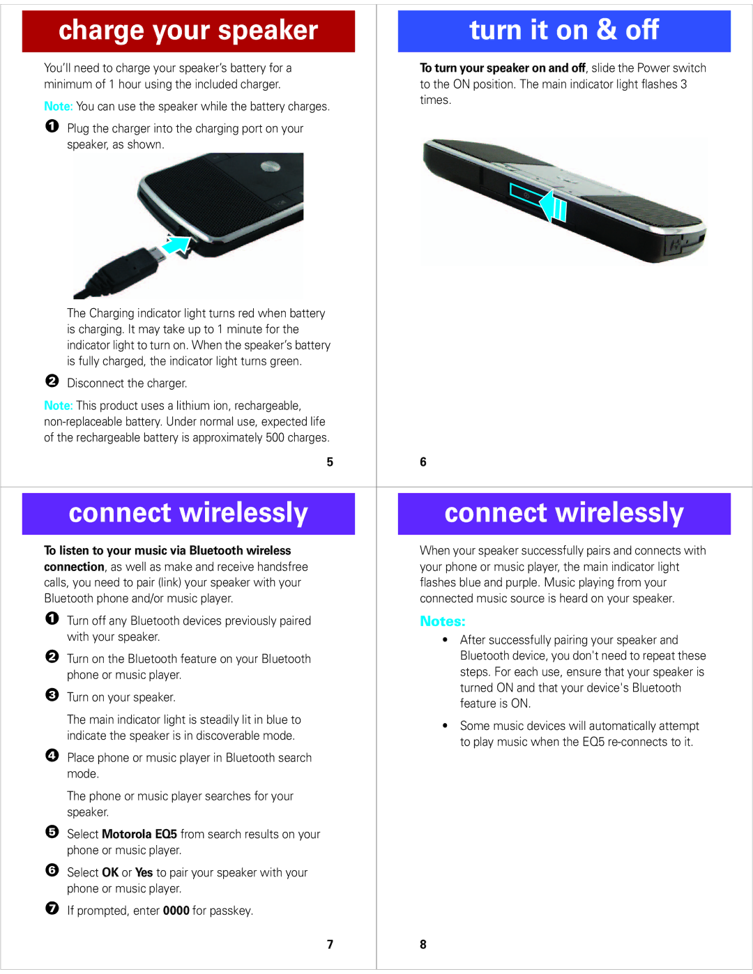 Motorola EQ5 Charge your speaker Turn it on & off, Connect wirelessly, You’ll need to charge your speaker’s battery for a 