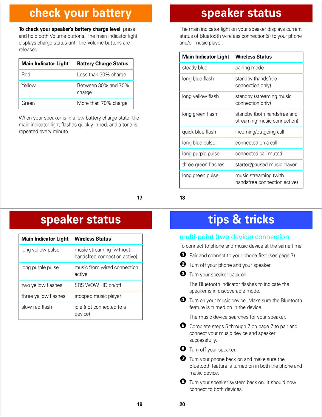 Motorola EQ5 quick start Check your battery Speaker status, Speaker status Tips & tricks, Multi-point two device connection 