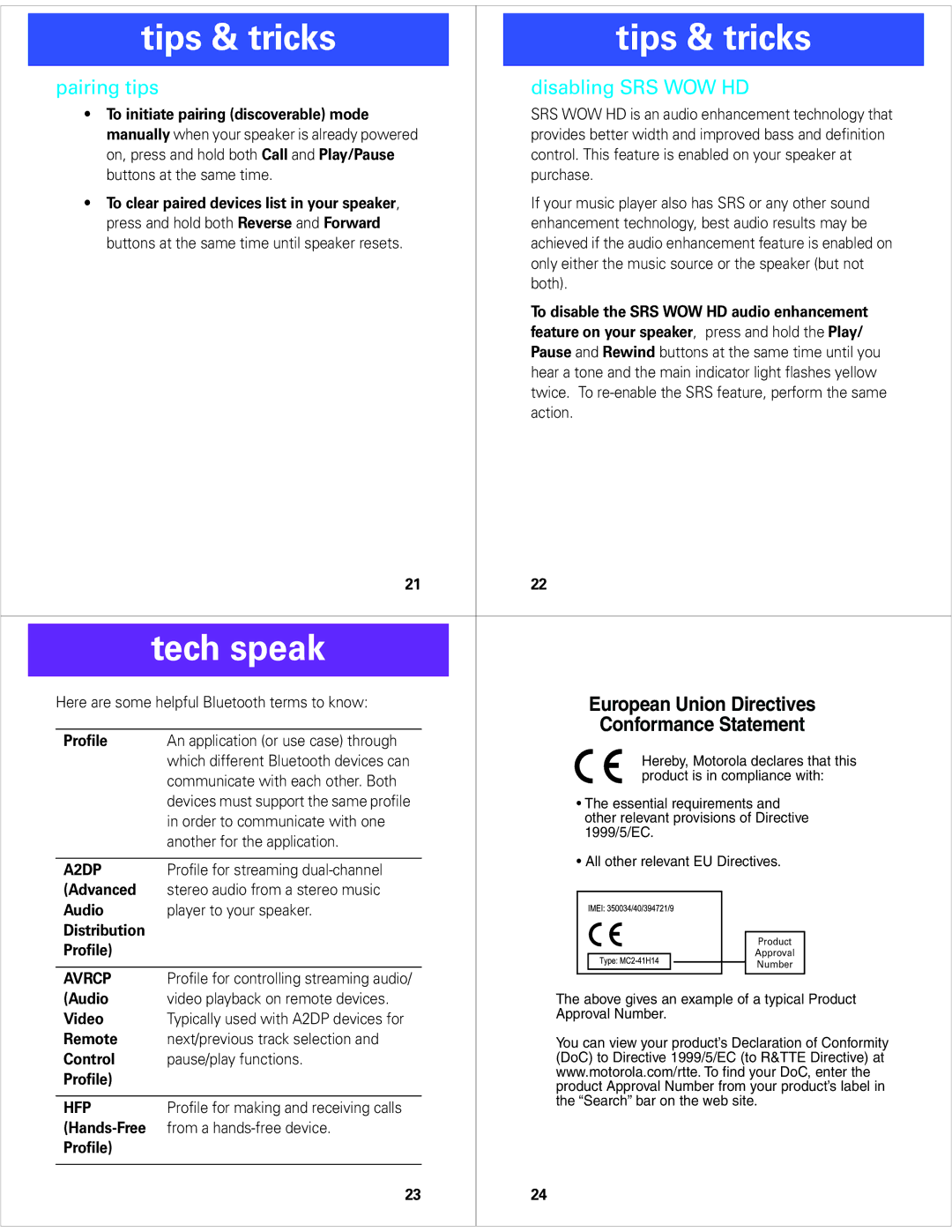 Motorola EQ5 quick start Tech speak, Pairing tips Disabling SRS WOW HD 