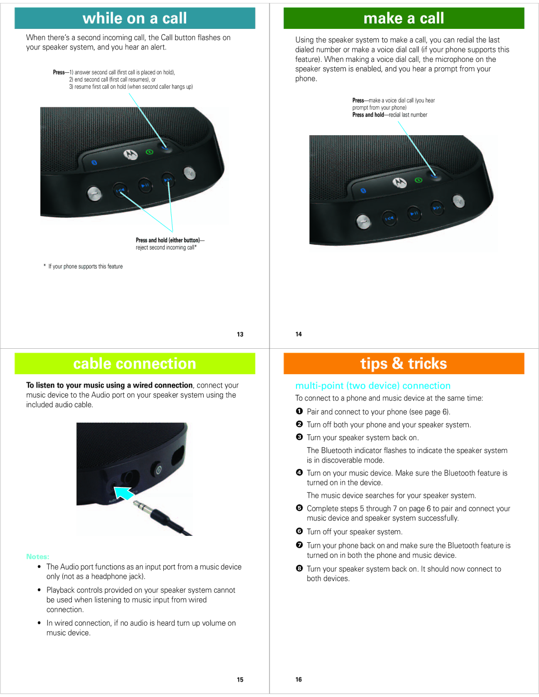 Motorola EQ7 quick start While on a call Make a call, Cable connection Tips & tricks, Multi-point two device connection 