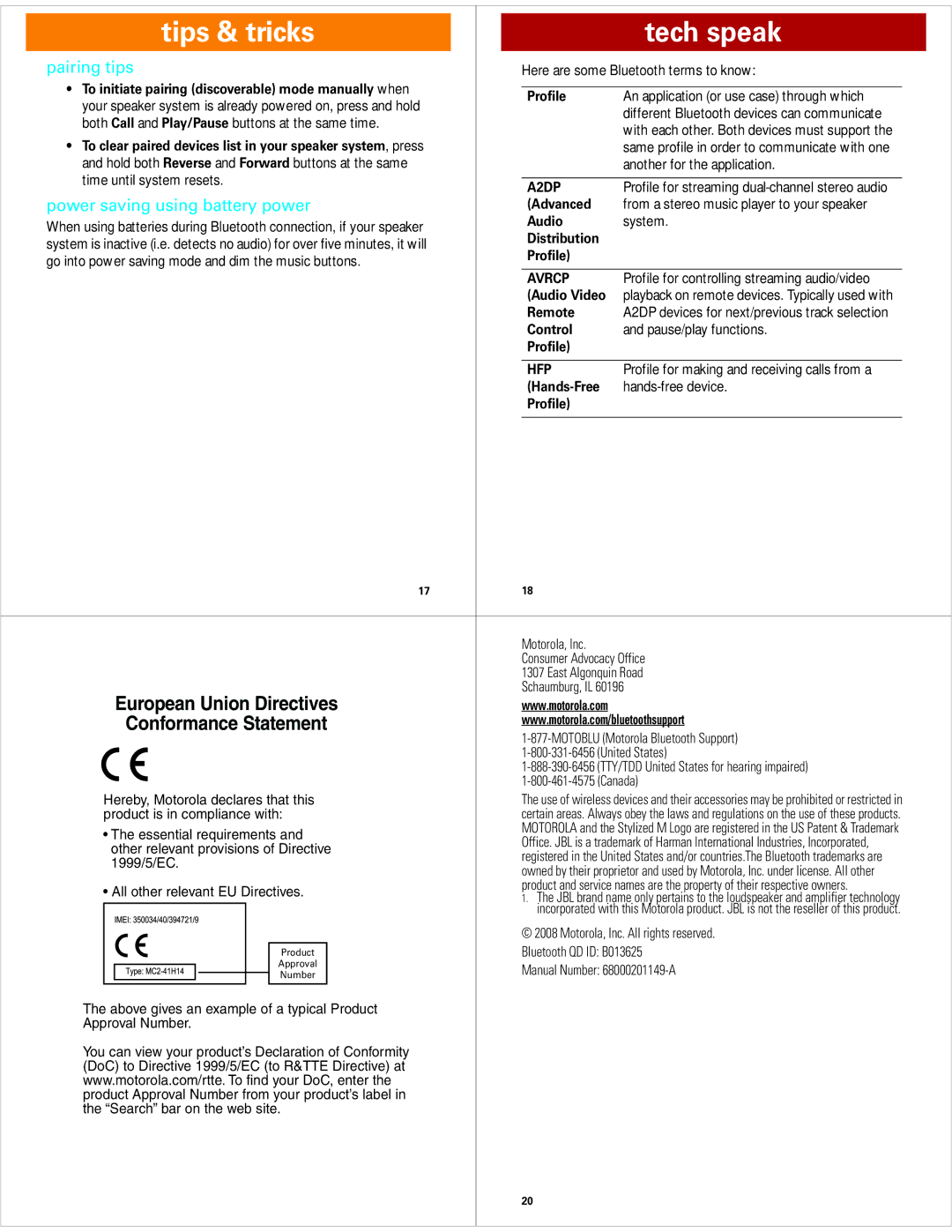 Motorola EQ7 quick start Tips & tricks Tech speak, Pairing tips, Power saving using battery power 