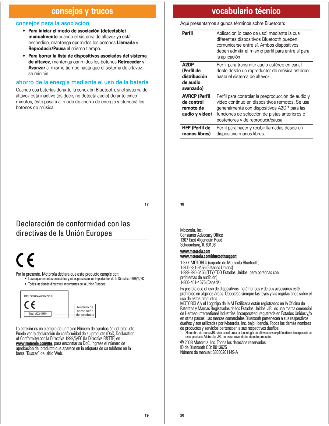 Motorola EQ7 vocabulario técnico, consejos para la asociación, consejos y trucos, Declaración de conformidad con las 