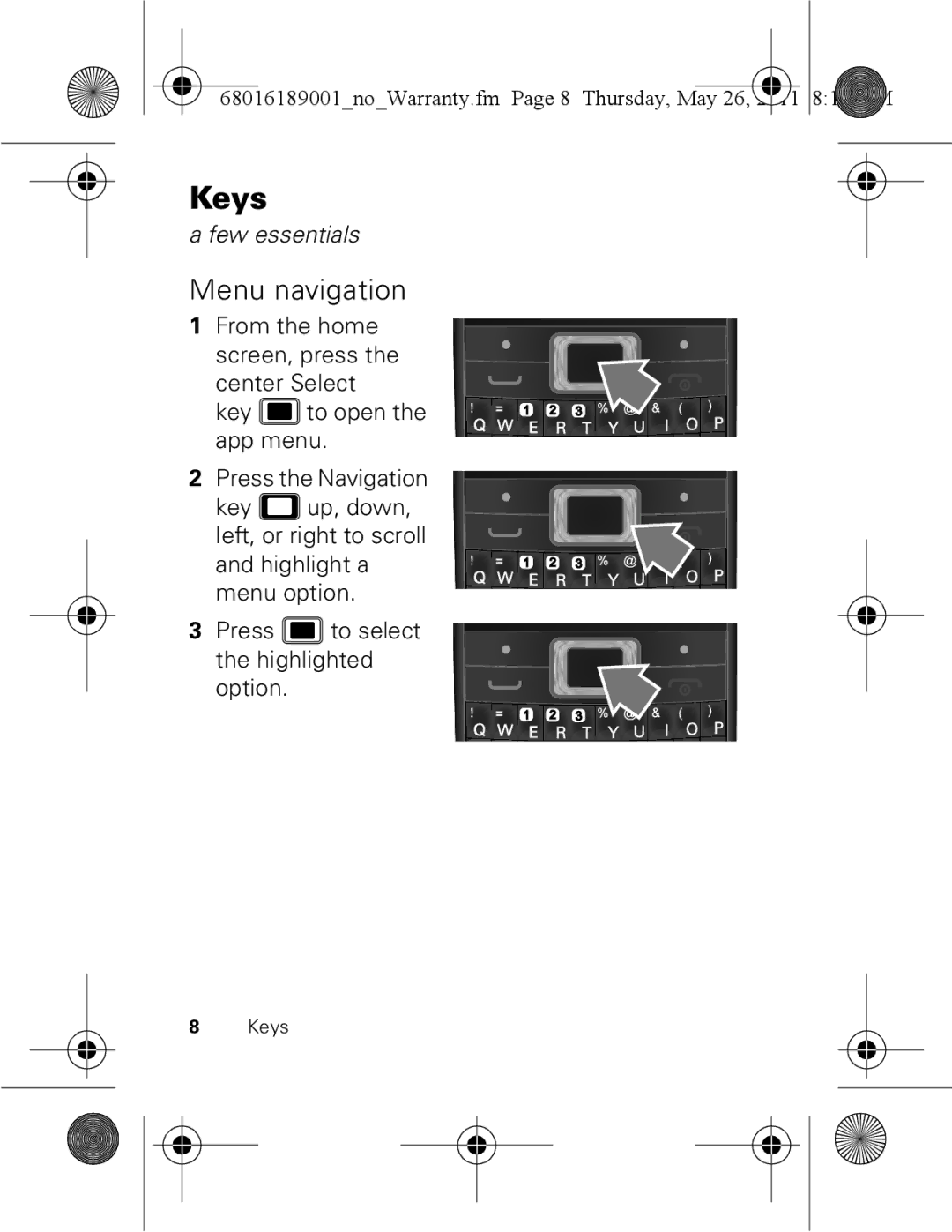 Motorola EX109 warranty Keys, Menu navigation 