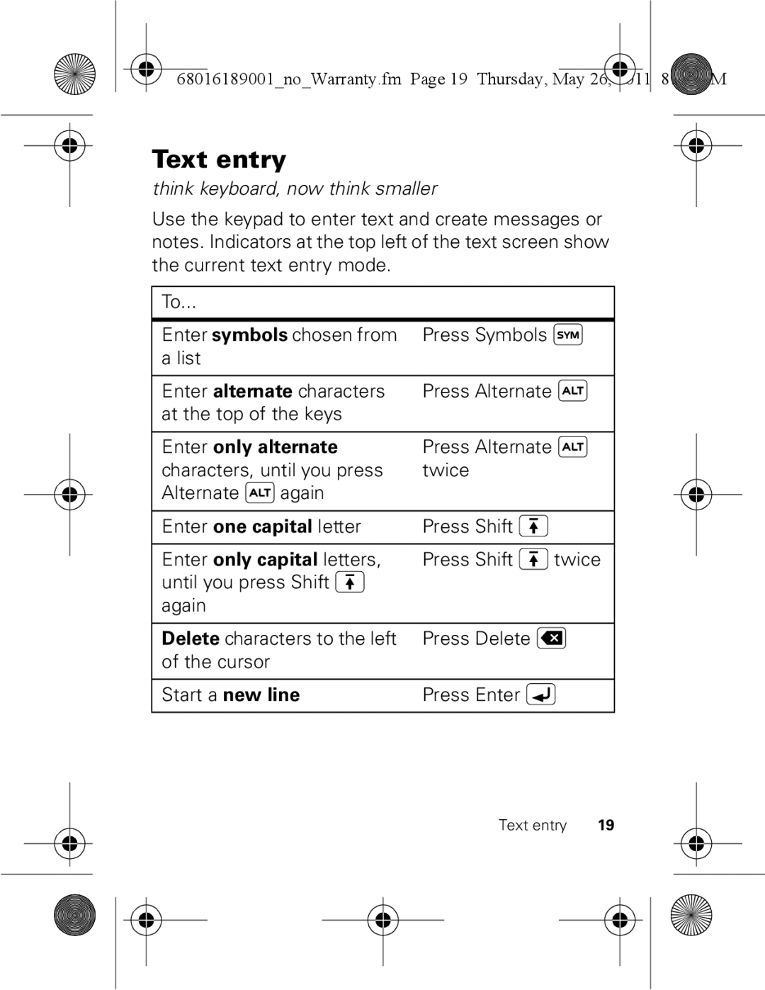 Motorola EX109 warranty Text entry, At the top of the keys, Enter only alternate 