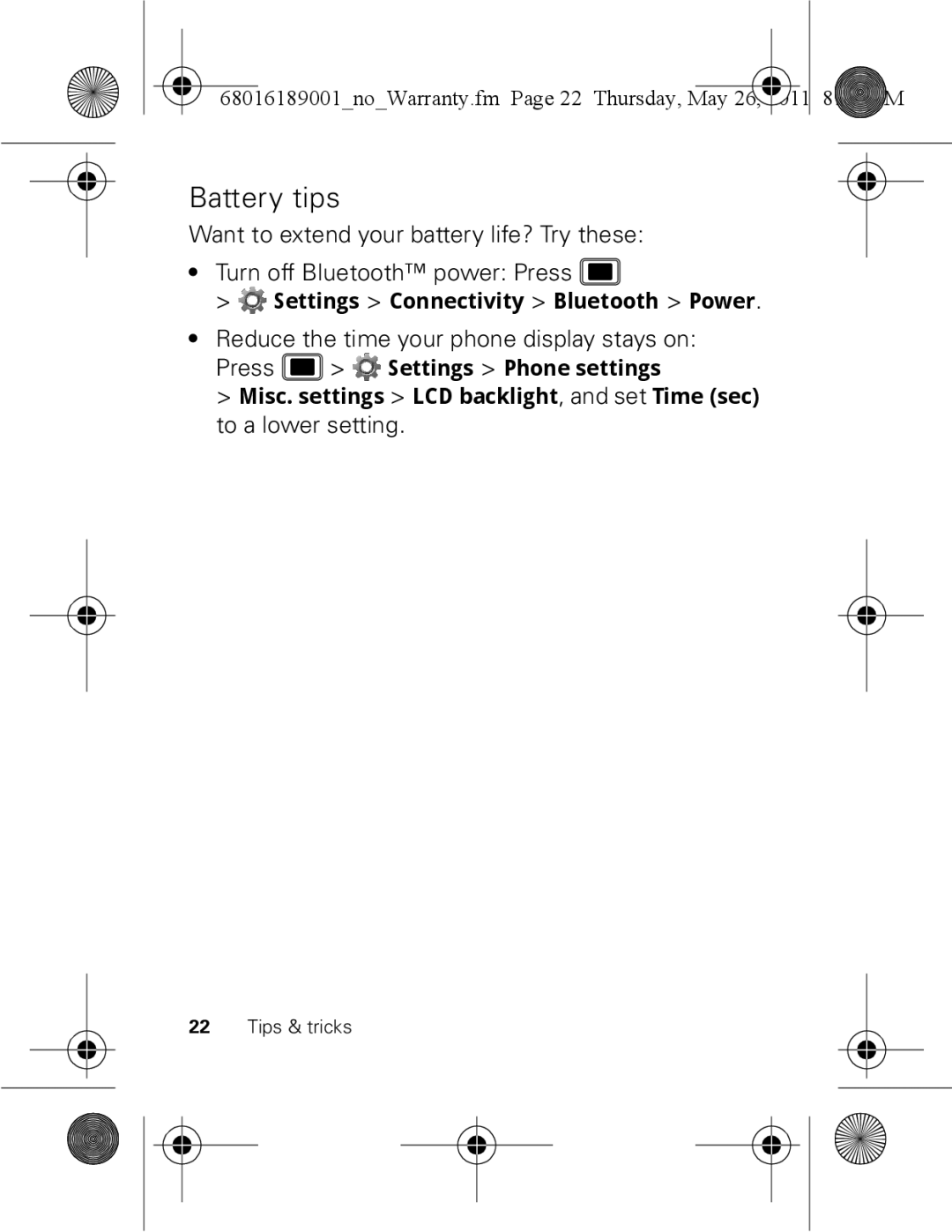 Motorola EX109 warranty Battery tips, Reduce the time your phone display stays on, To a lower setting 