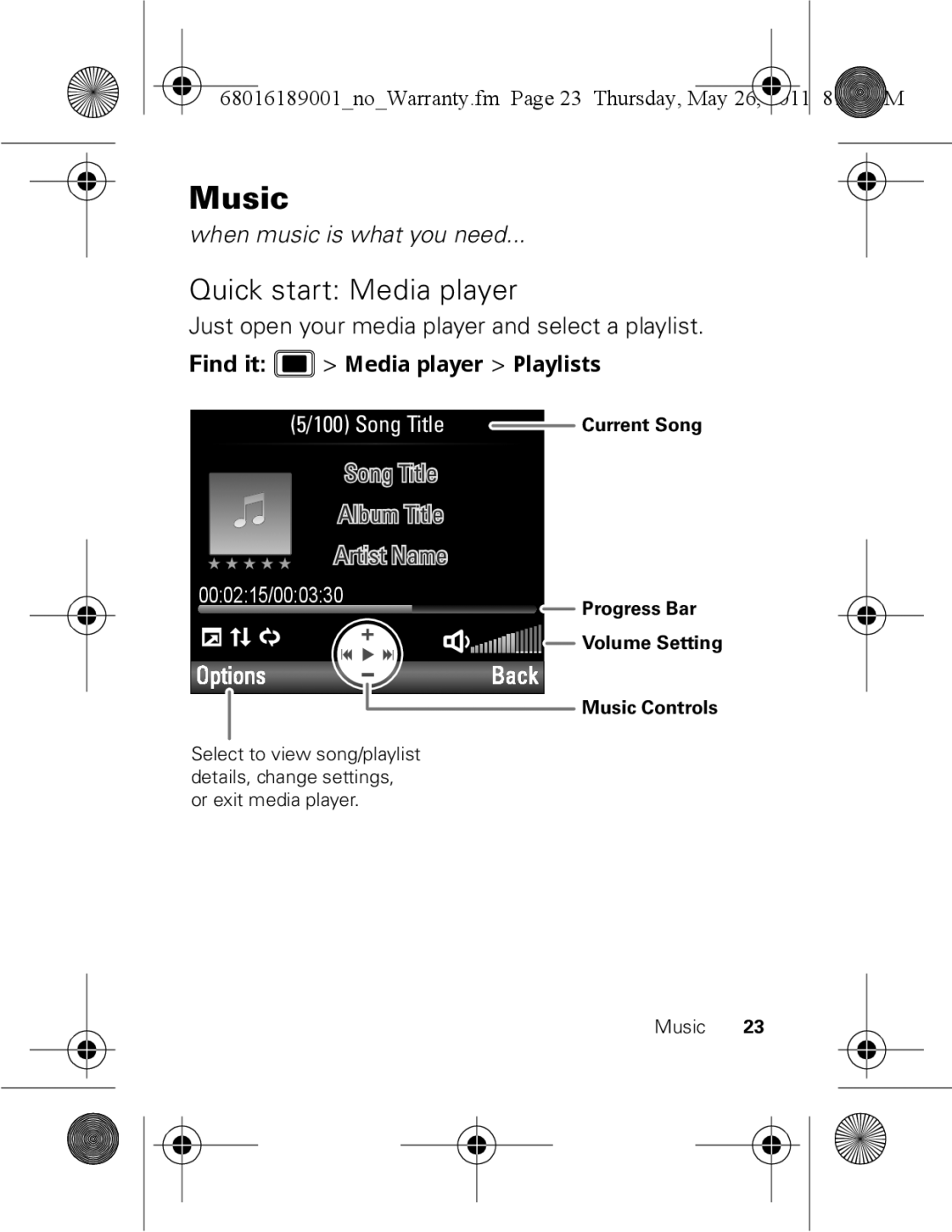 Motorola EX109 warranty Music, Quick start Media player, Just open your media player and select a playlist 