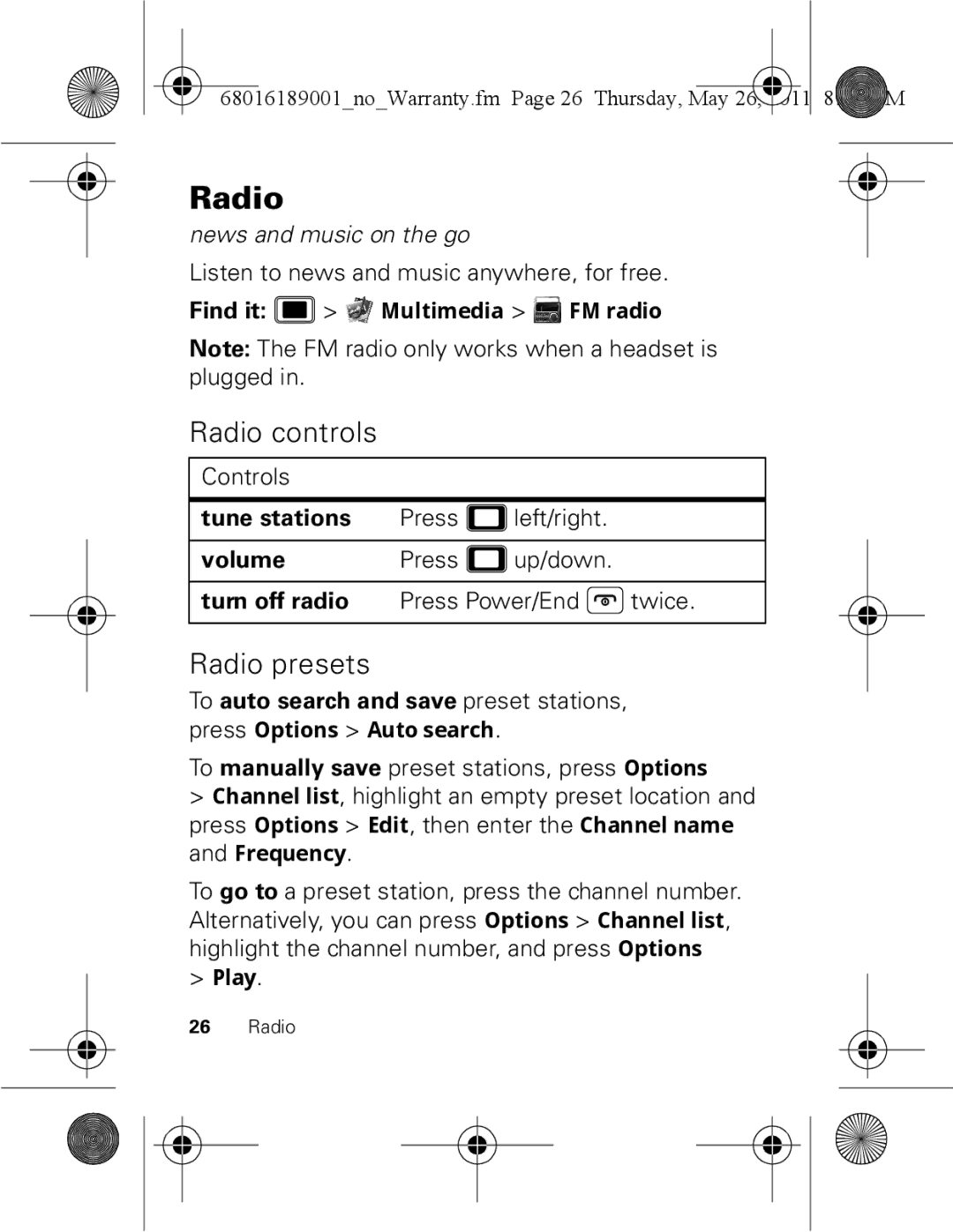 Motorola EX109 warranty Radio controls, Radio presets, Volume Press 